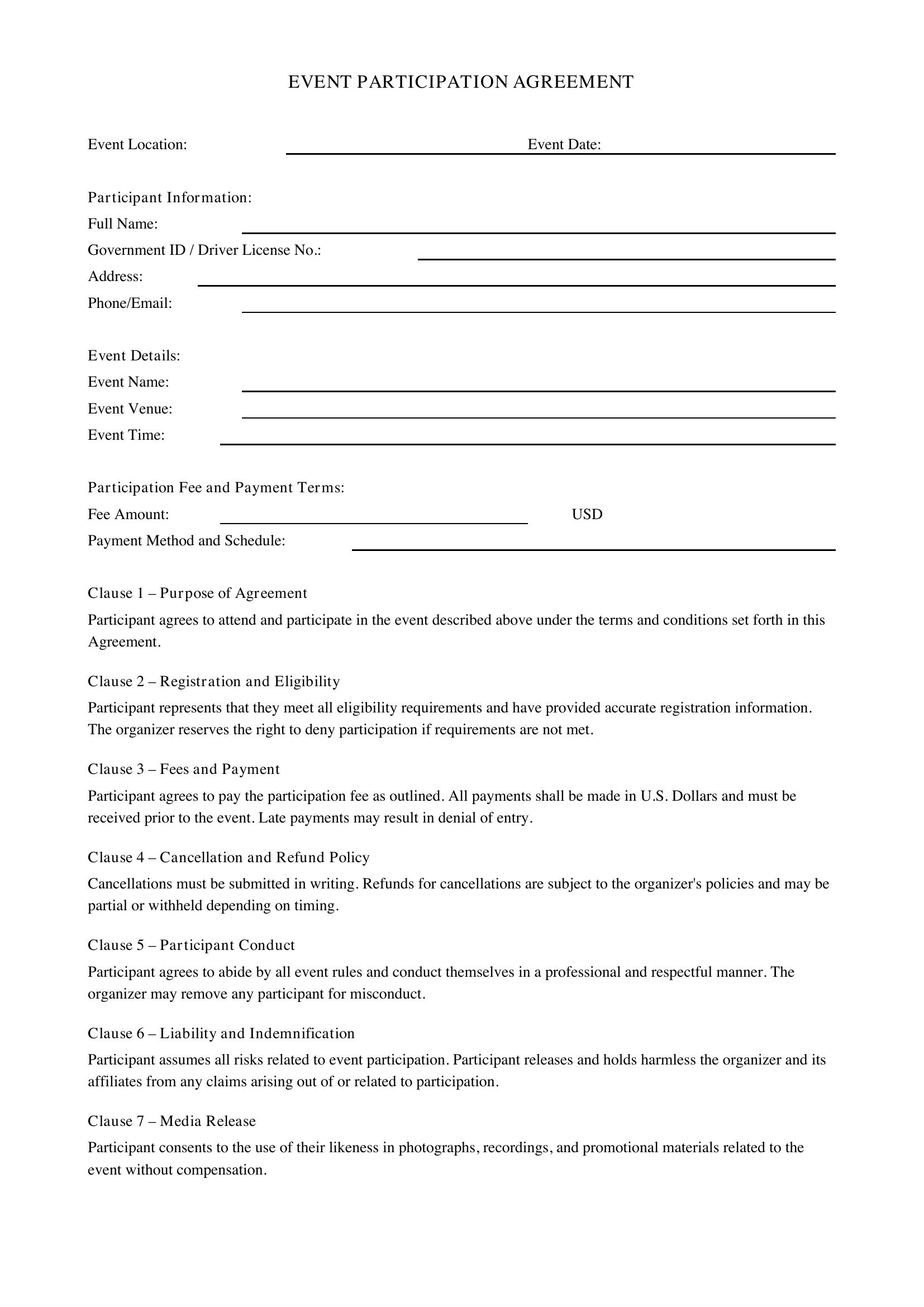 Event Agreement Template - US