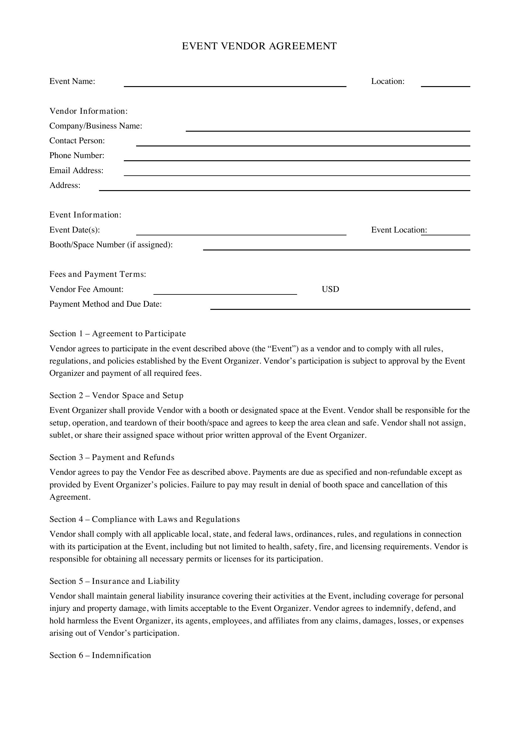 Event Vendor Agreement Template - US