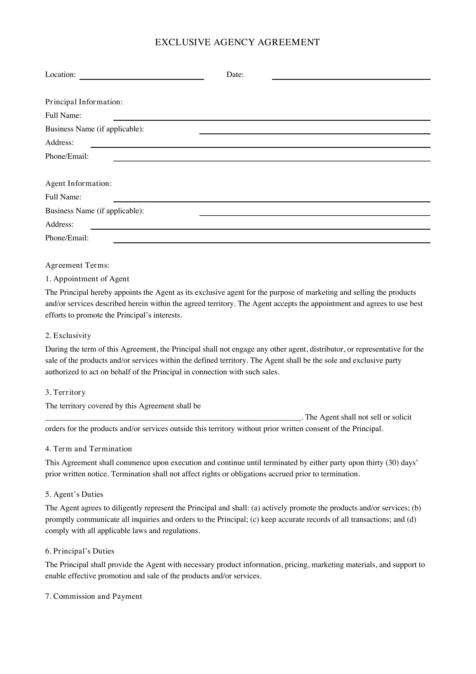 Exclusive Agency Agreement Template - US