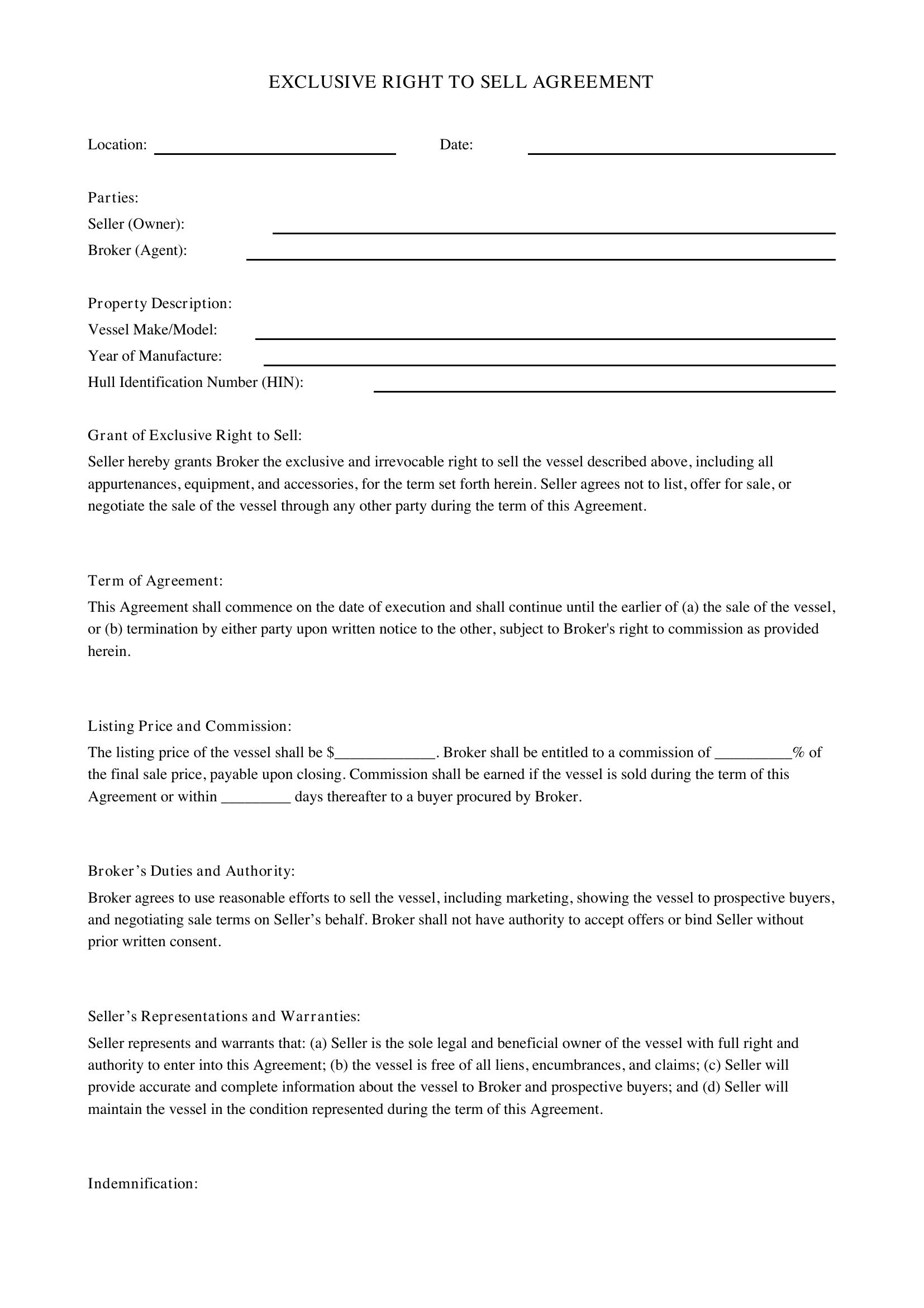 Exclusive Right To Sell Agreement Template - US