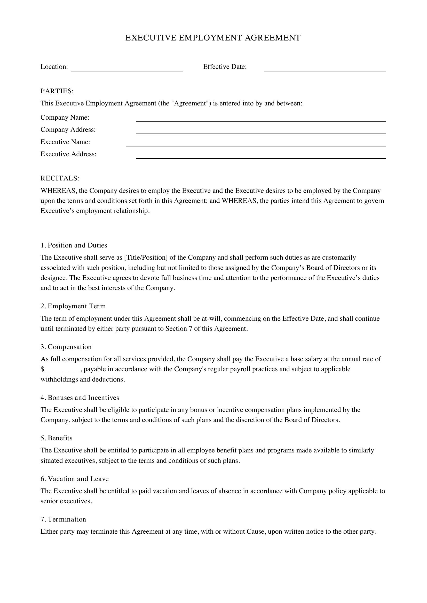 Executive Employment Agreement Template - US