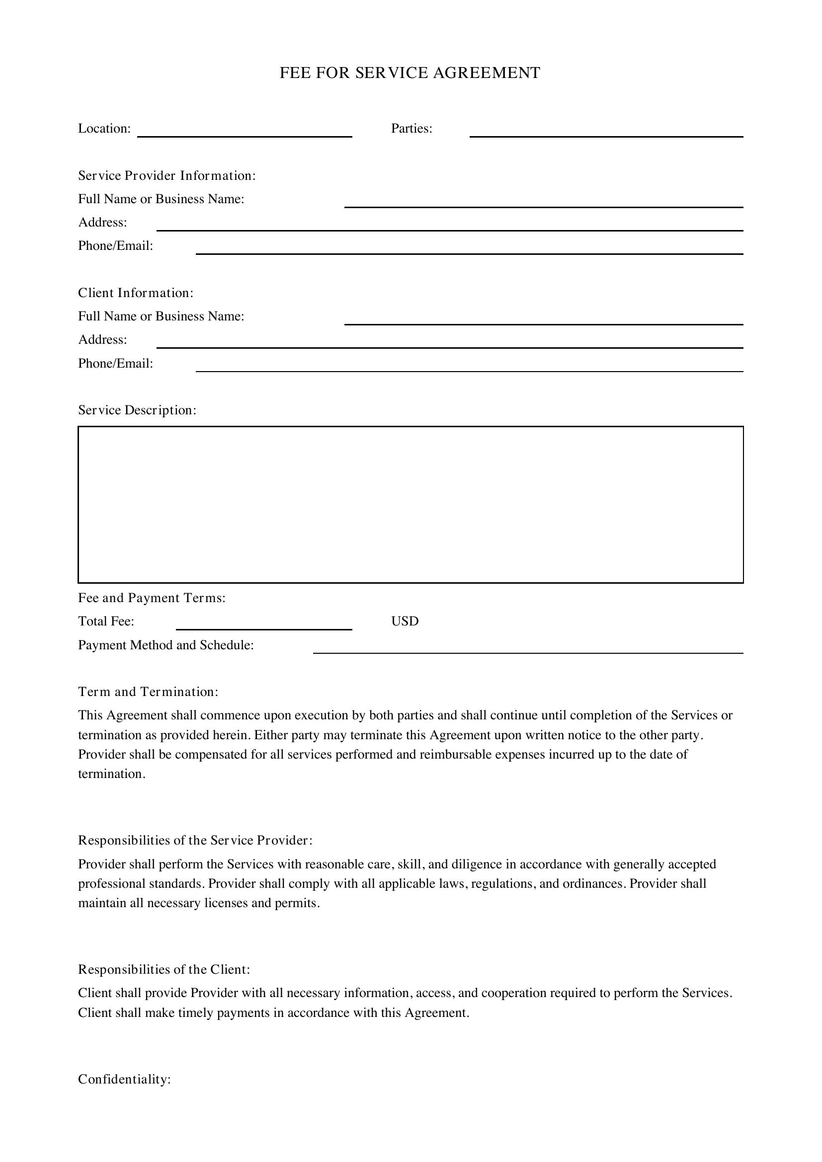 Fee For Service Agreement Template - US