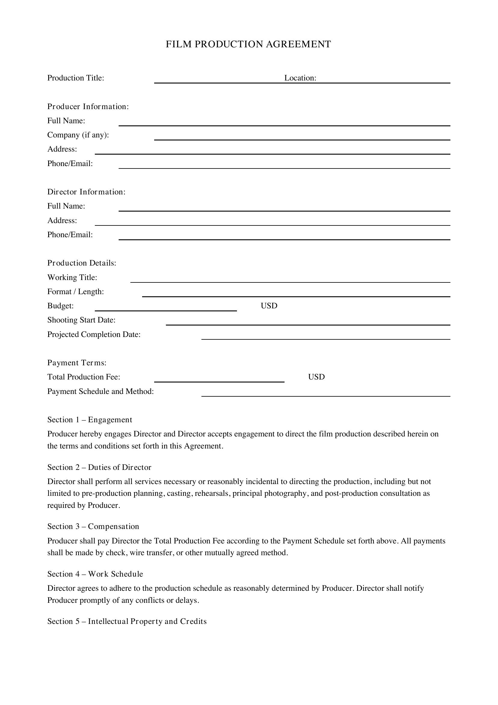 Film Production Agreement Template - US