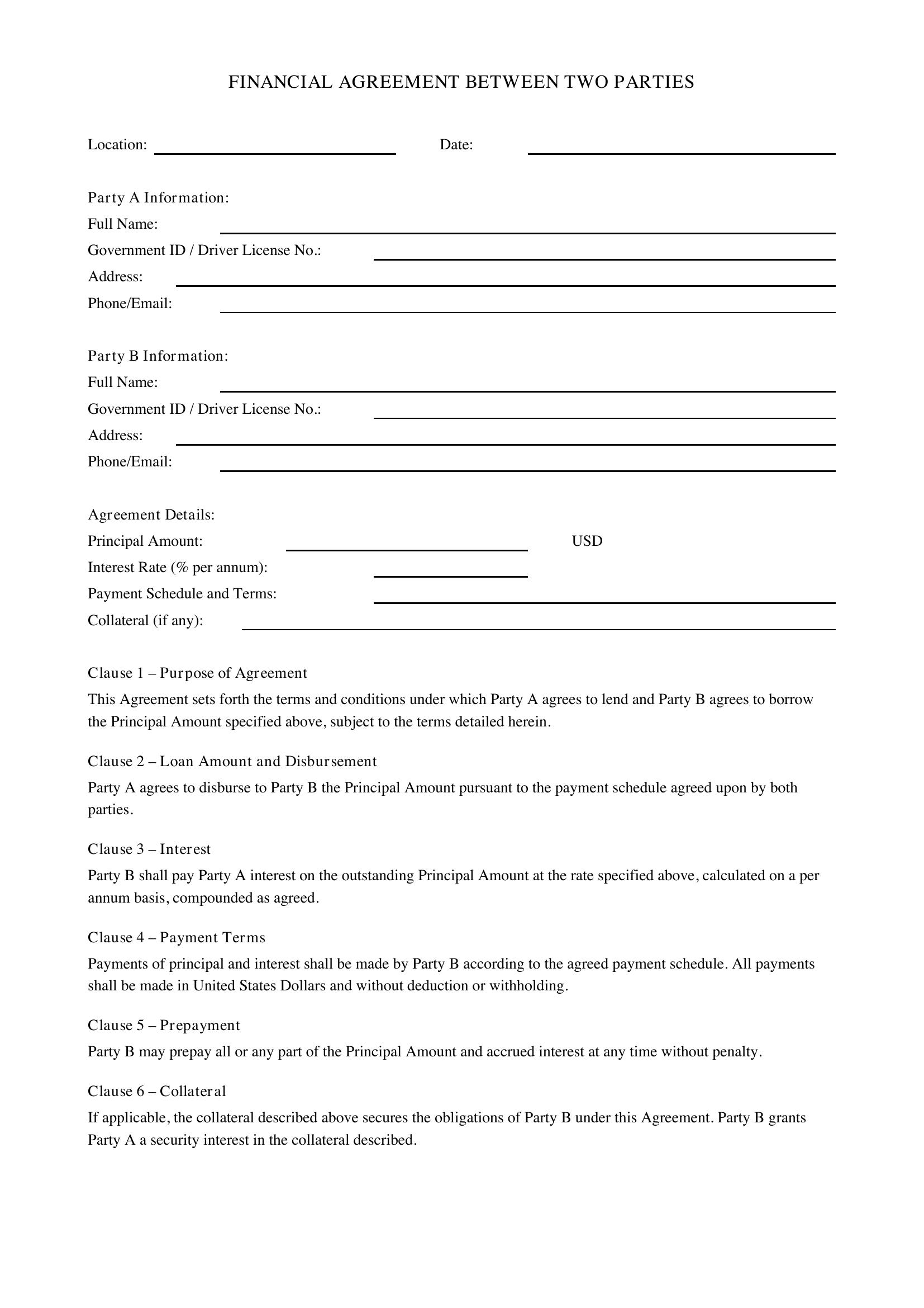 Financial Agreement Between Two Parties Template - US