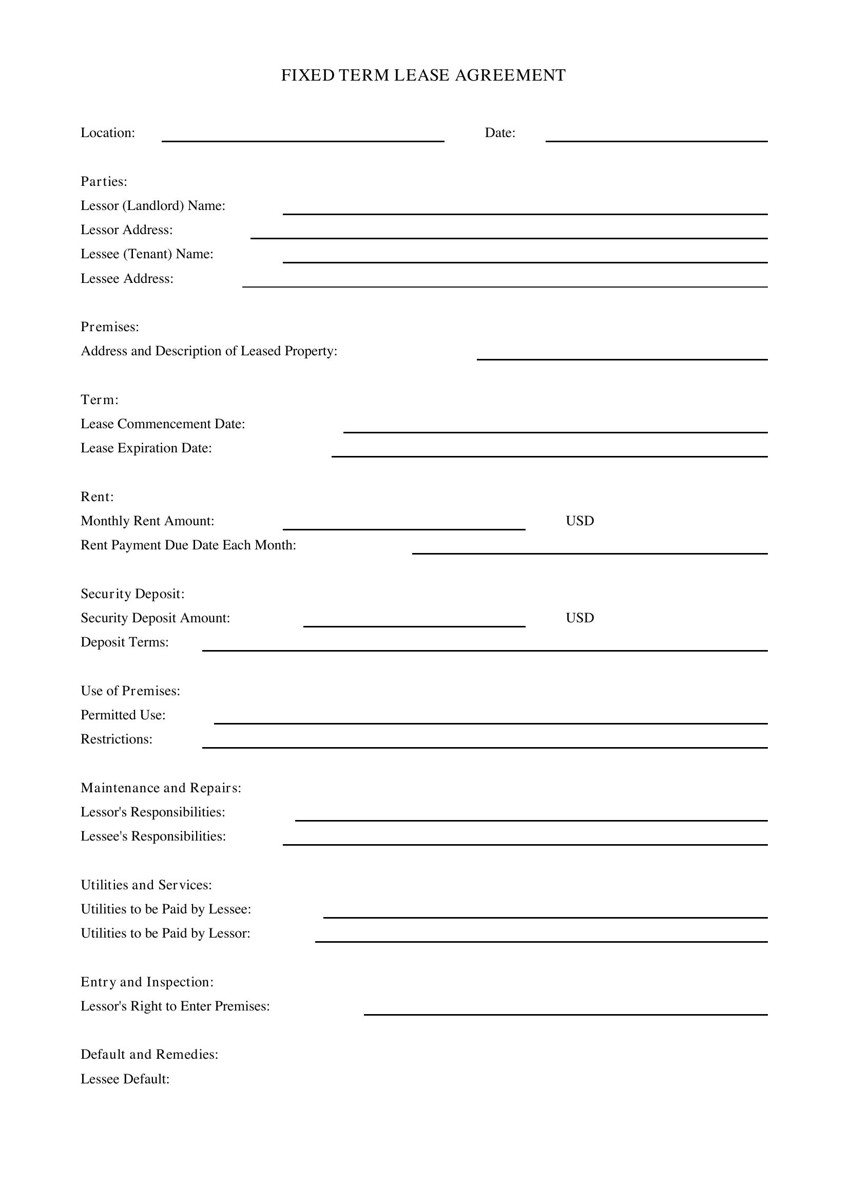 Fixed Term Lease Agreement Template - US