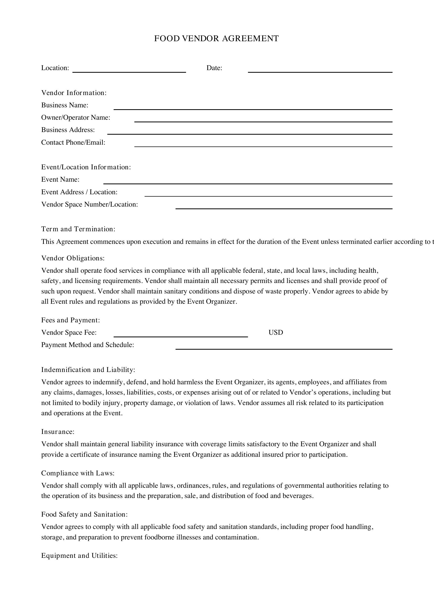 Food Vendor Agreement Template - US