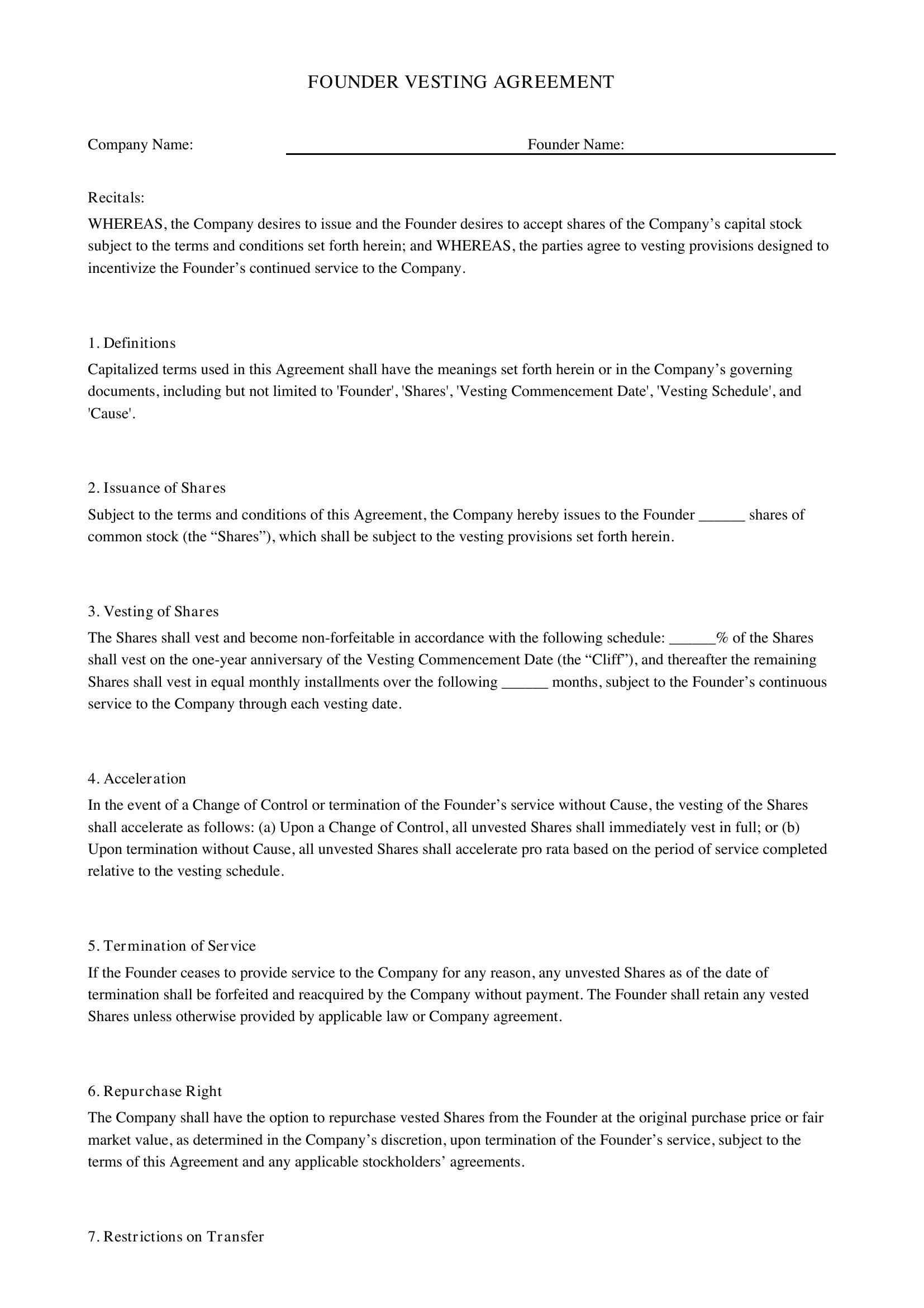 Founder Vesting Agreement Template - US