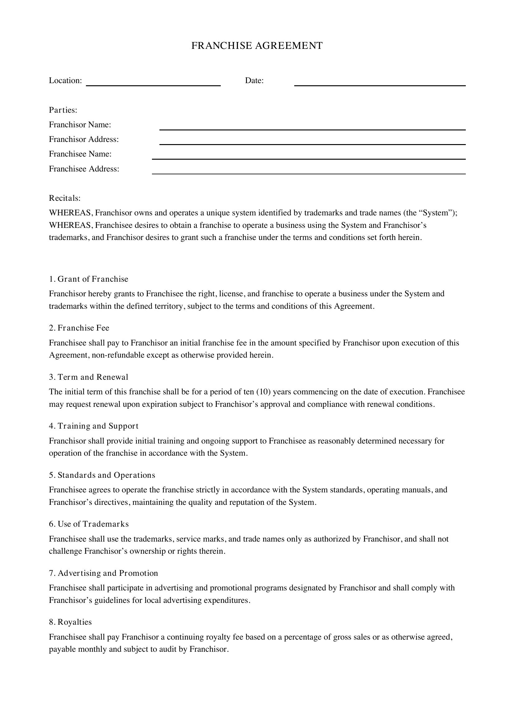 Franchise Agreement Template - US