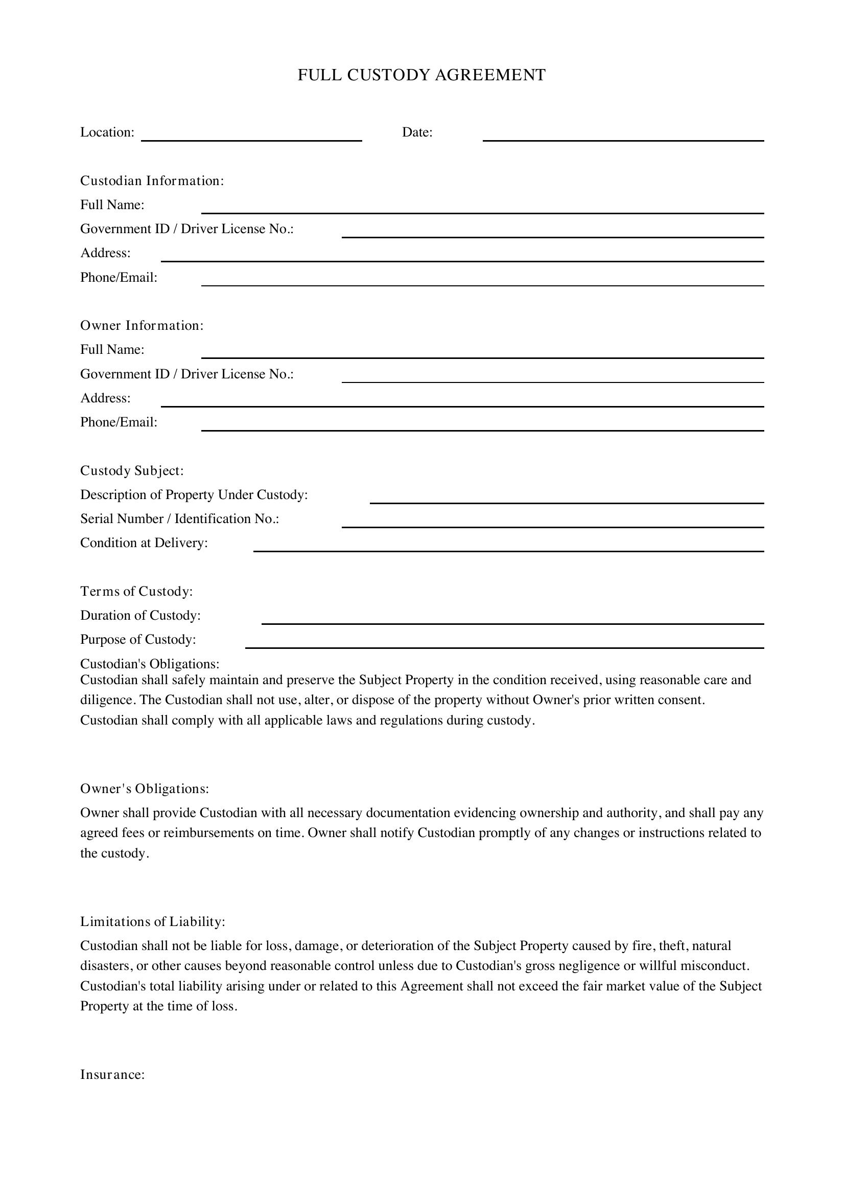 Full Custody Agreement Template - US
