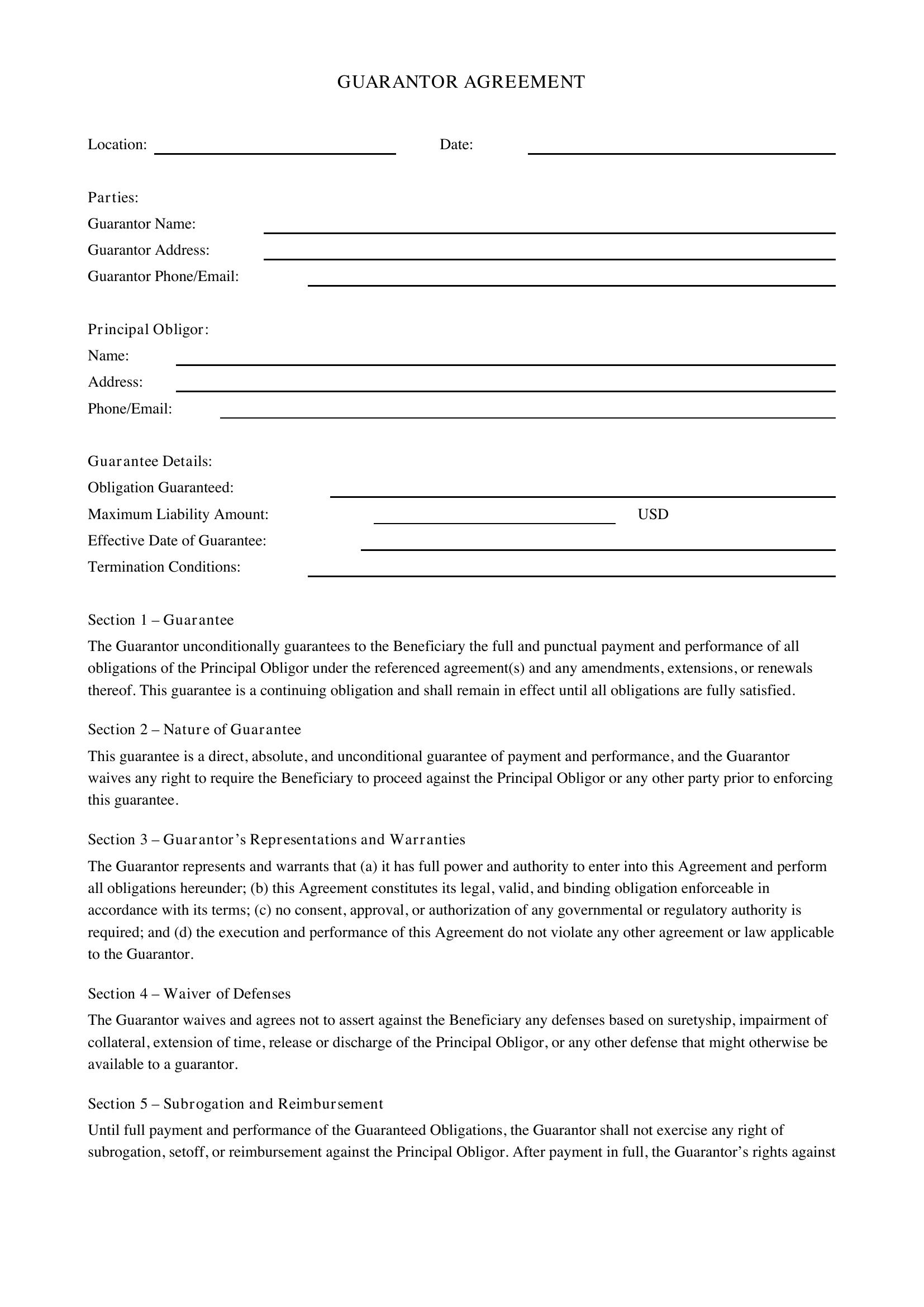 Guarantor Agreement Template - US