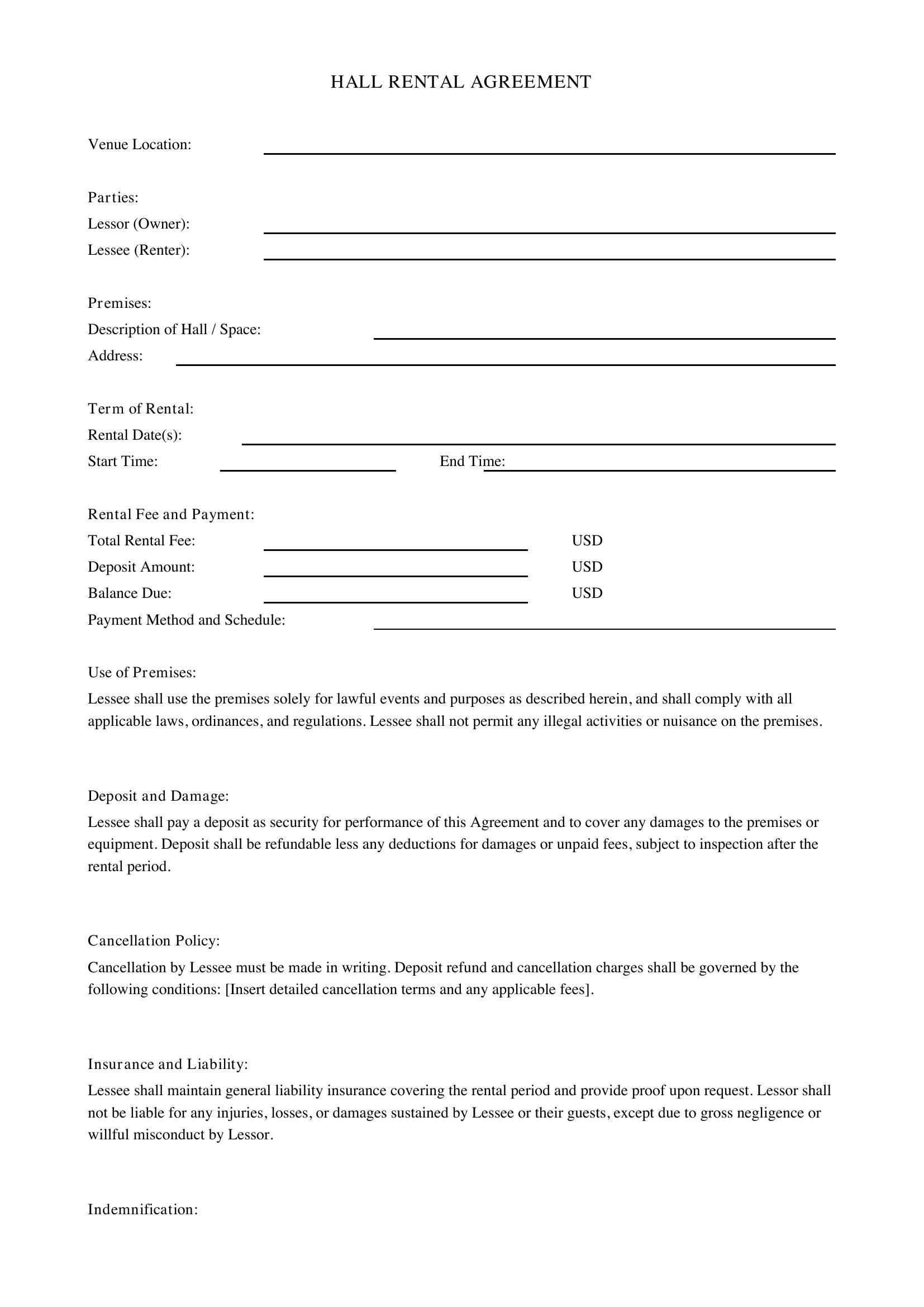 Hall Rental Agreement Template - US