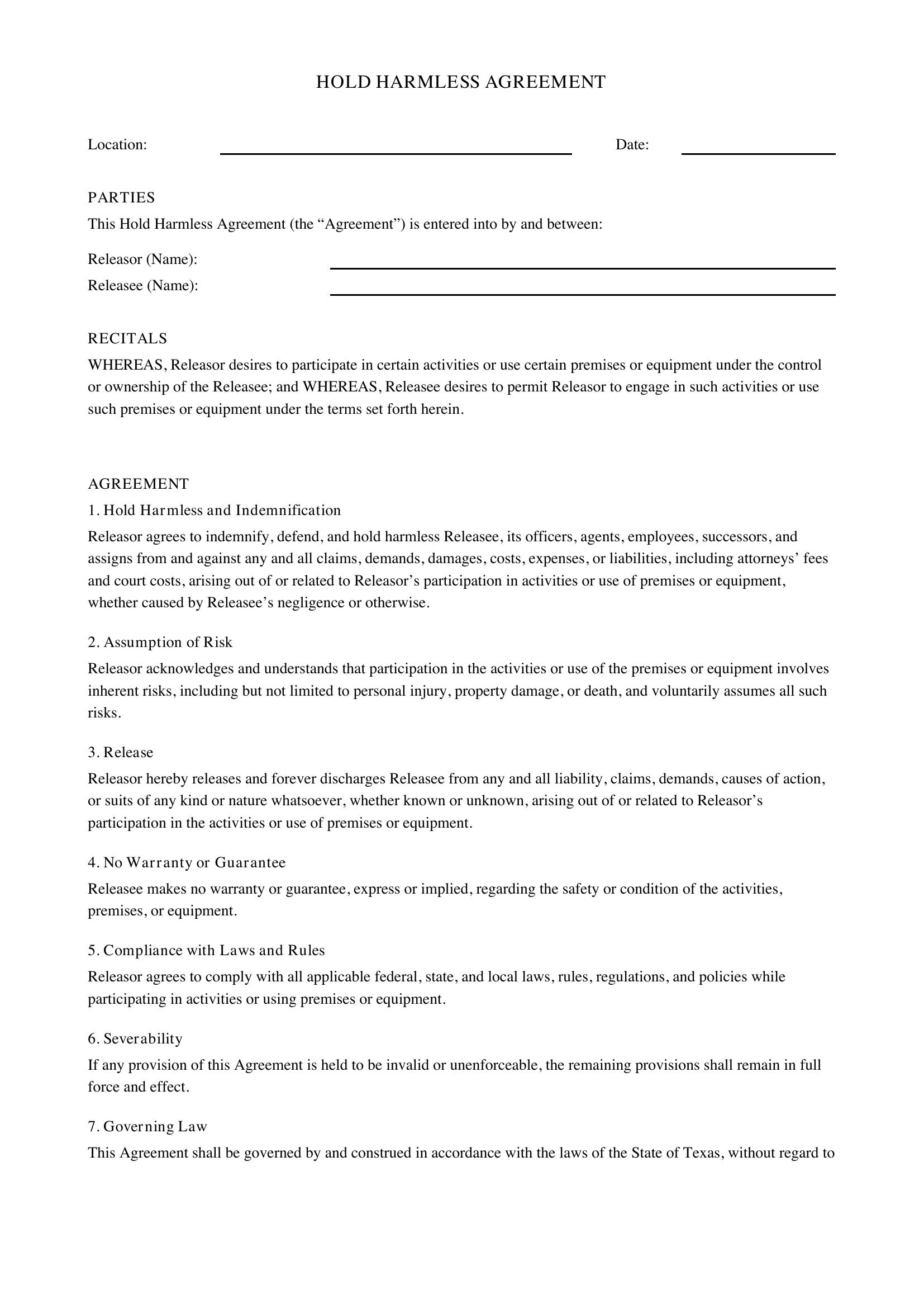 Hold Harmless Agreement Texas Template - US