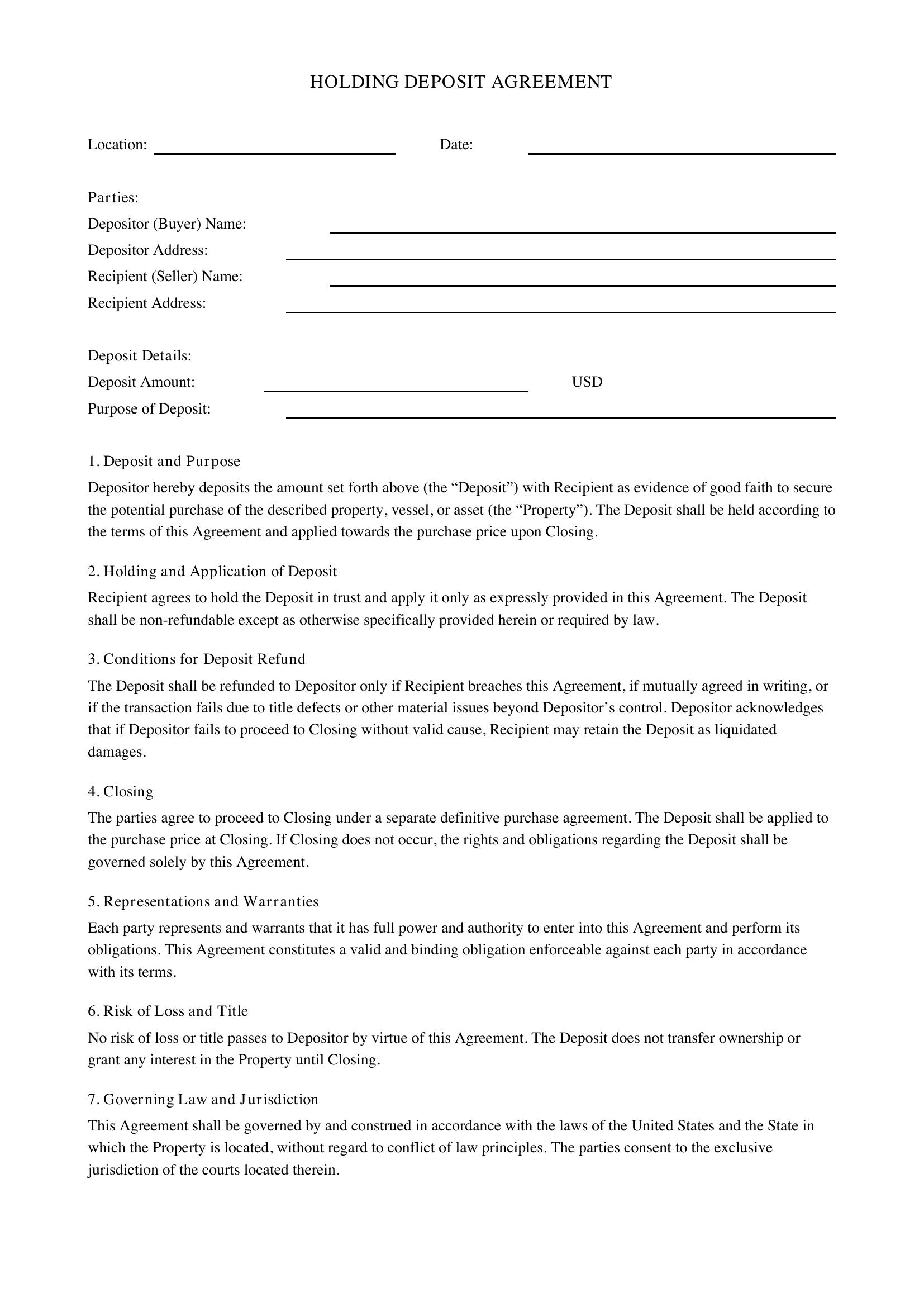 Holding Deposit Agreement Template - US