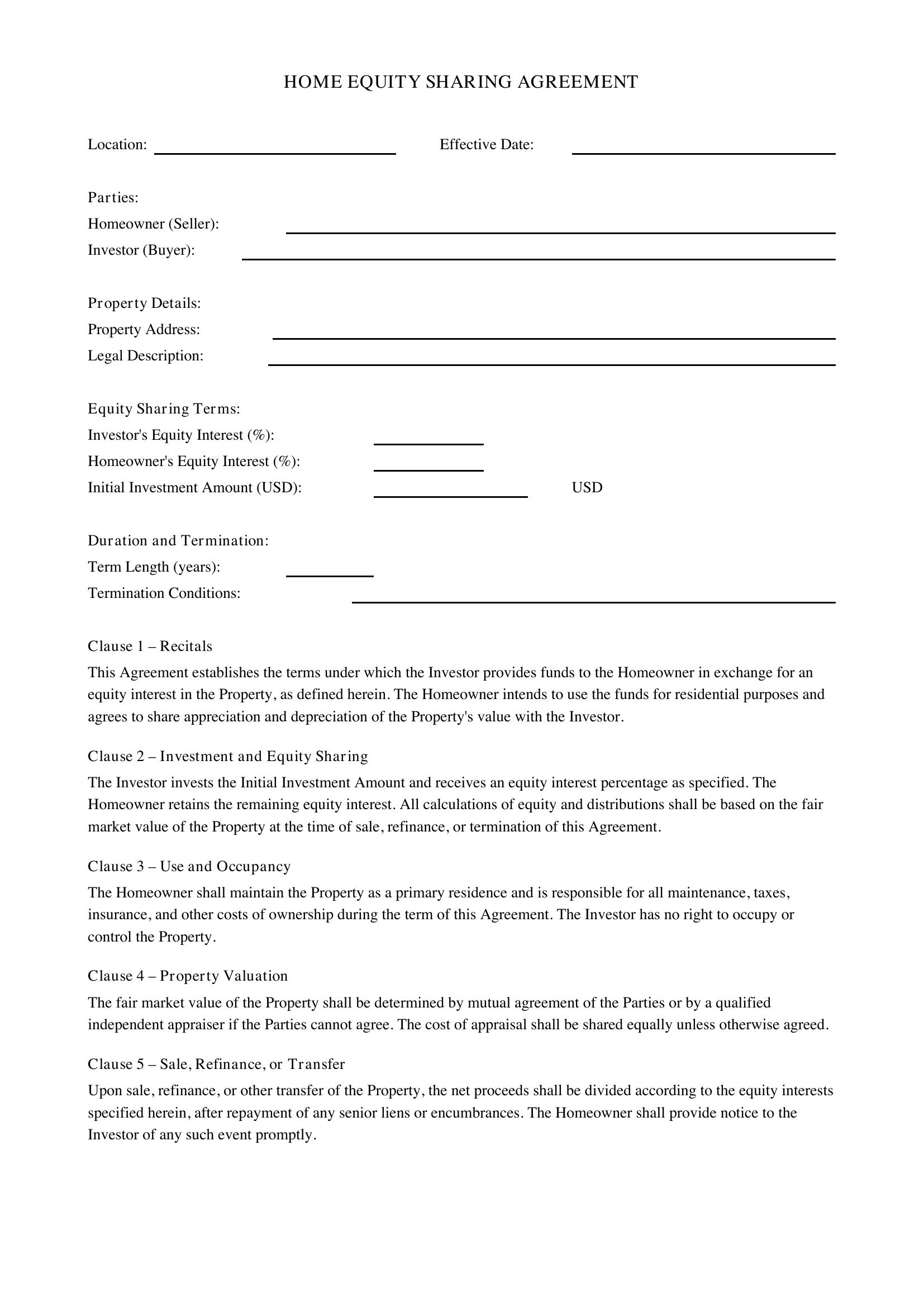 Home Equity Sharing Agreement Template - US
