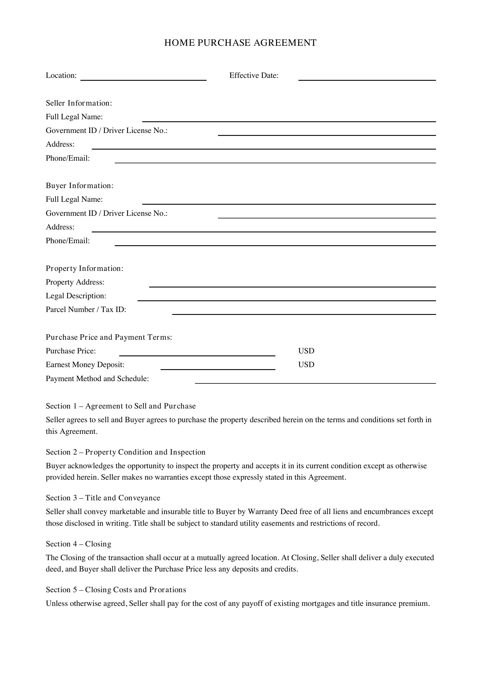 Home Purchase Agreement Template - US