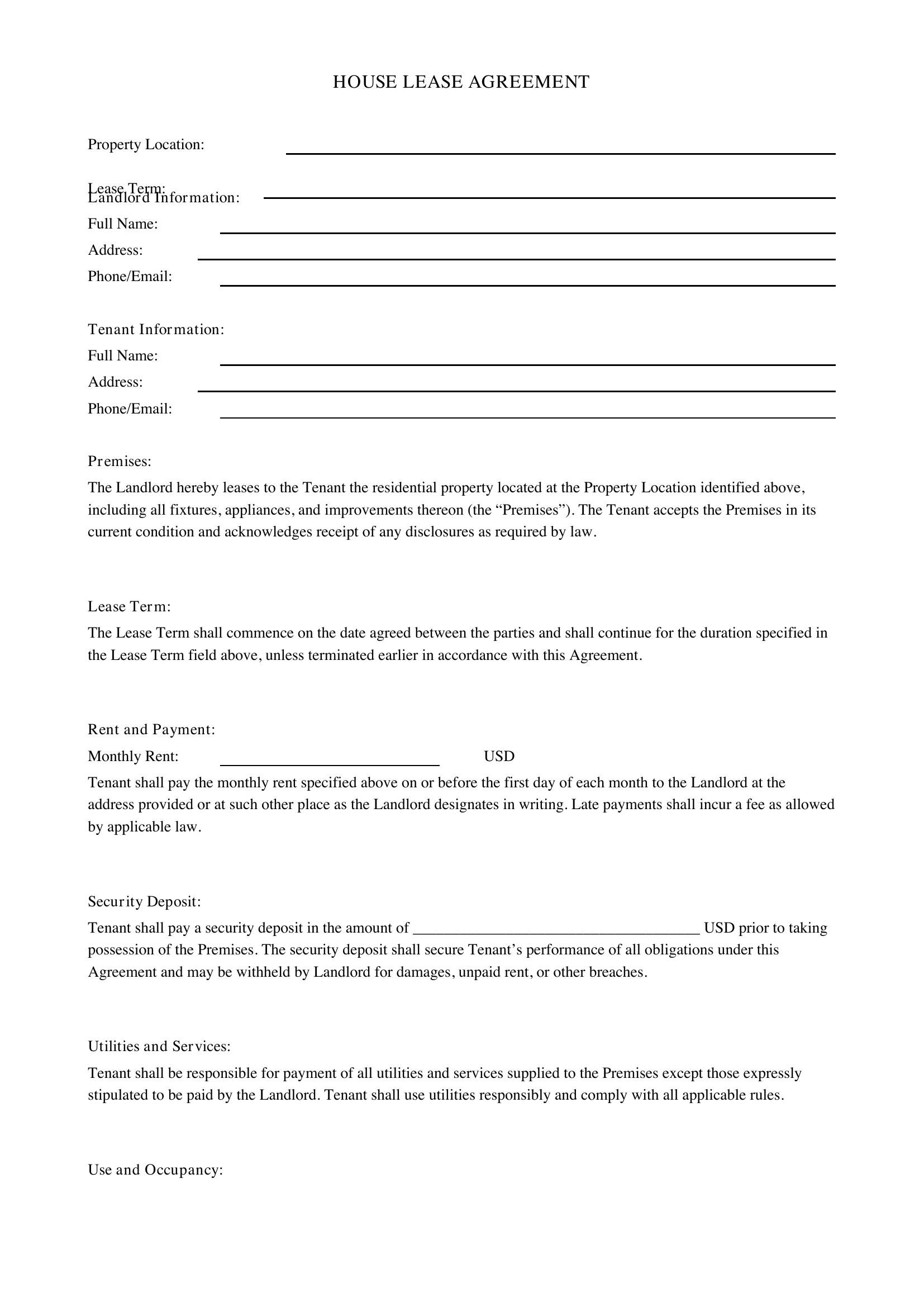 House Lease Agreement Template - US