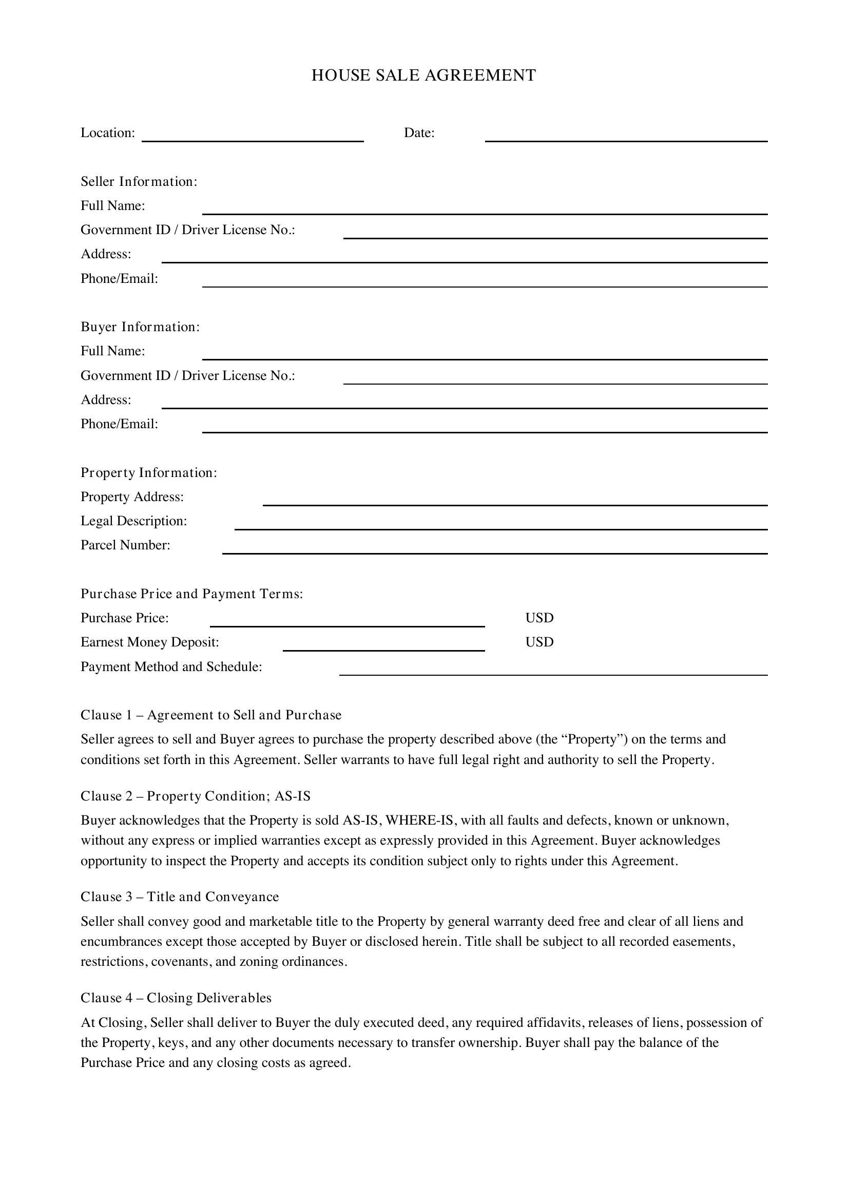 House Sale Agreement Template - US