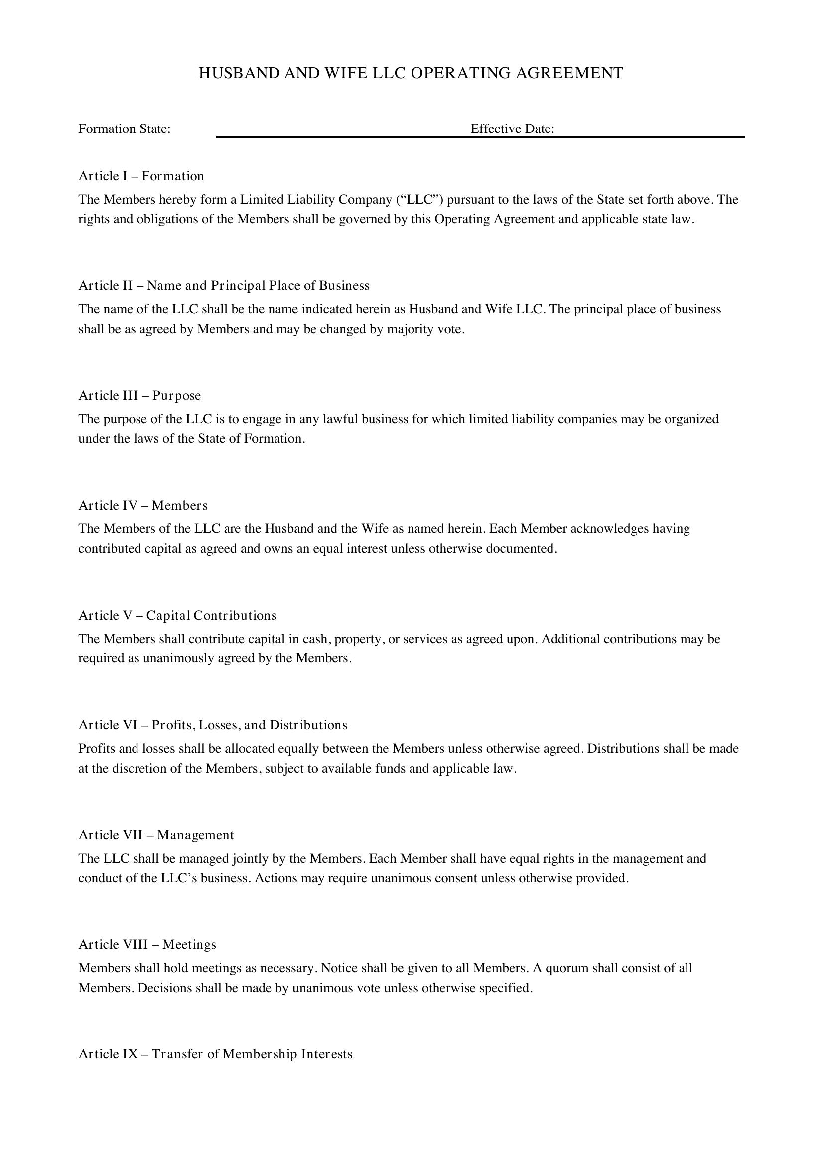 Husband And Wife Llc Operating Agreement Template - US