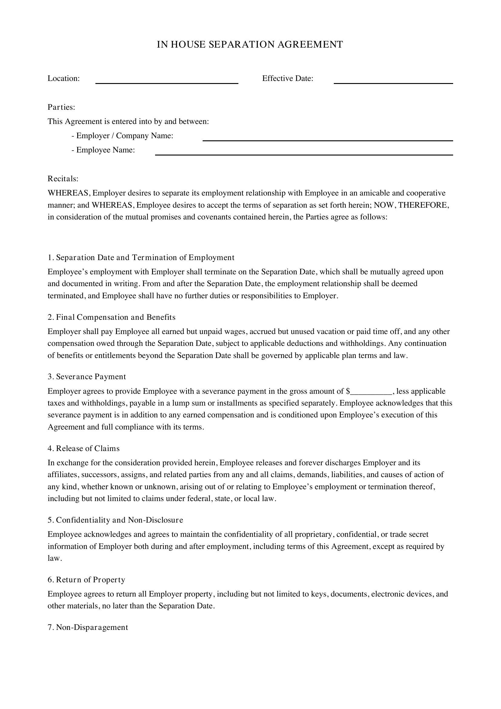 In House Separation Agreement Template - US