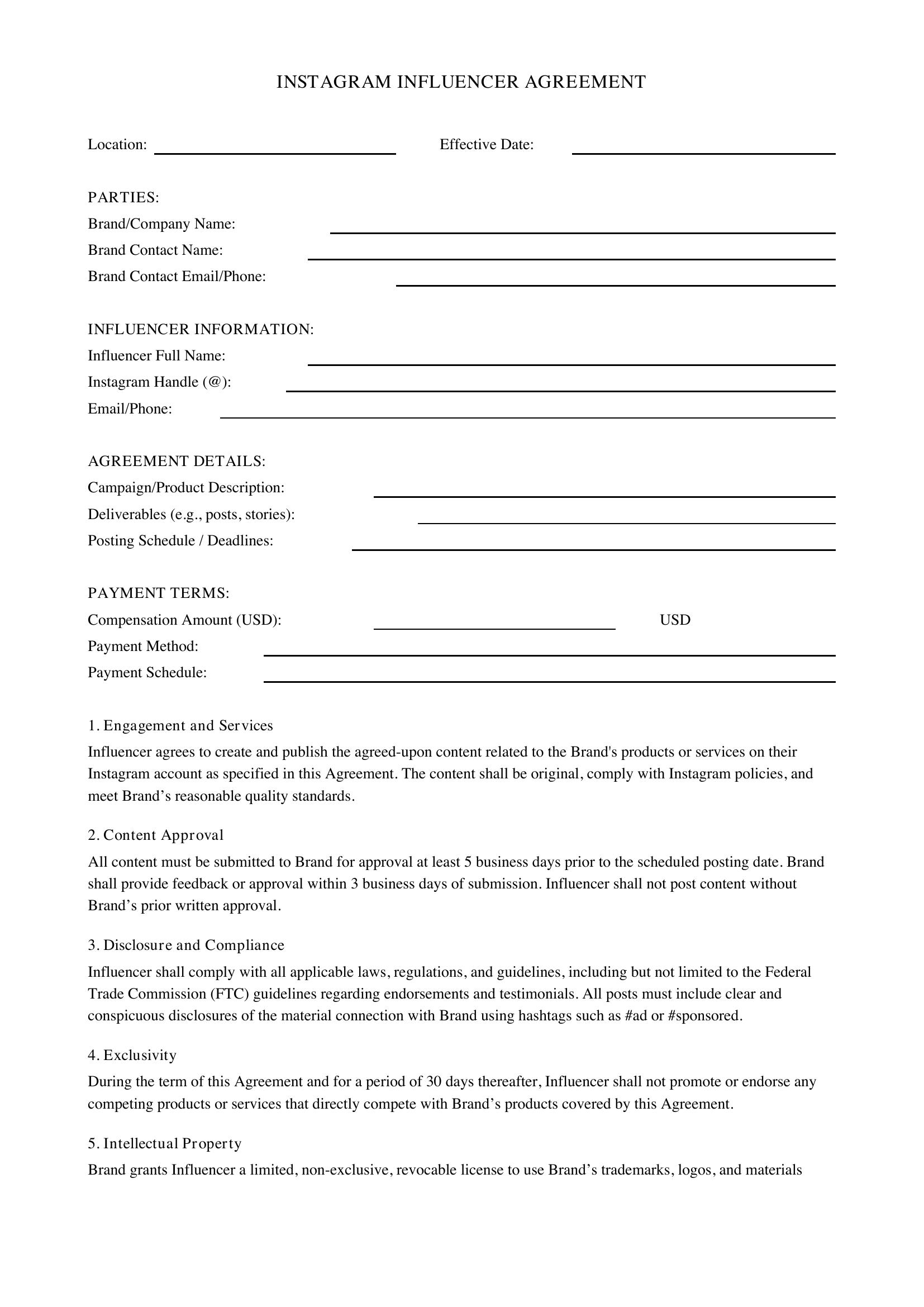 Instagram Influencer Agreement Template - US