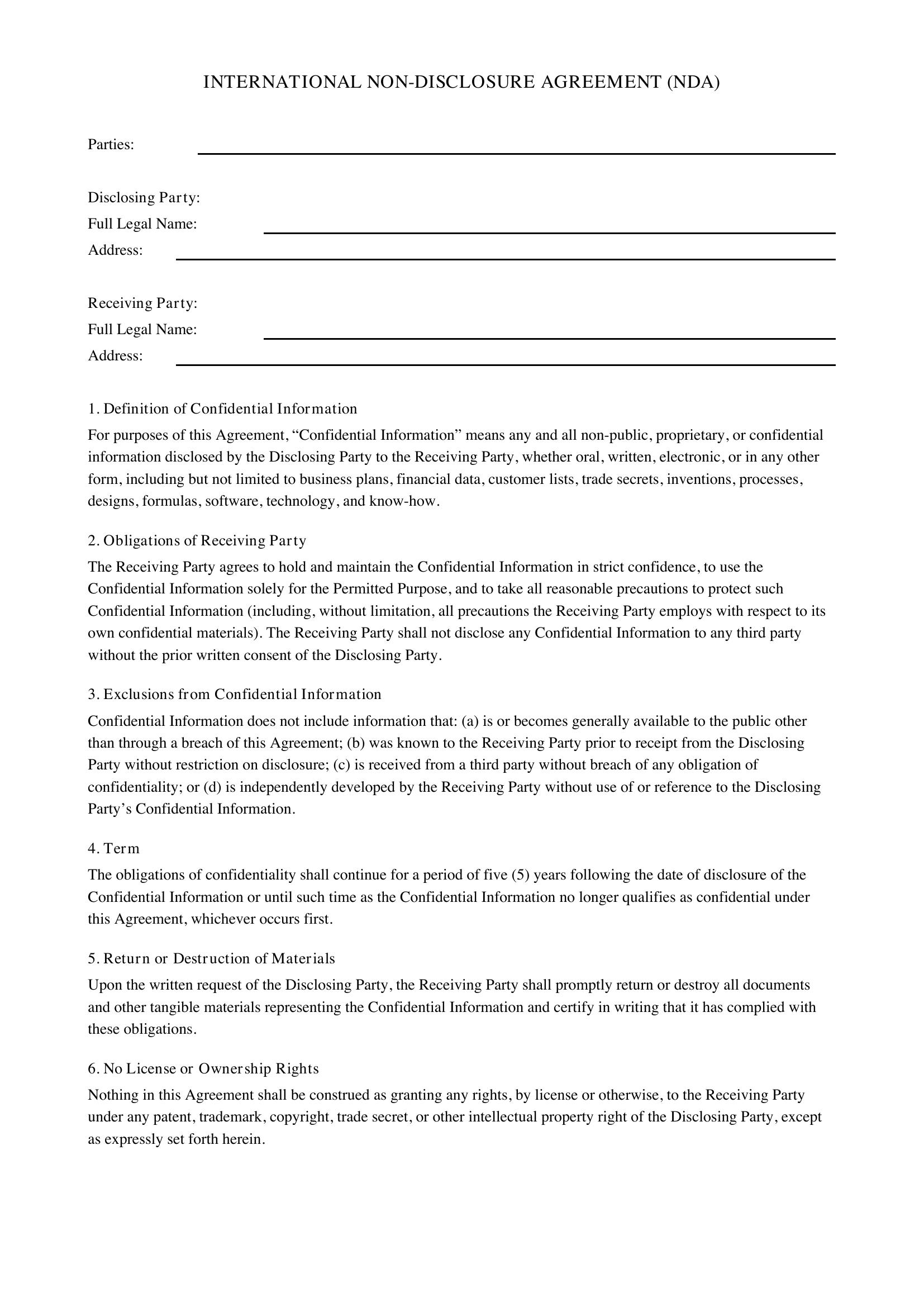 International Non Disclosure Agreement Template - US