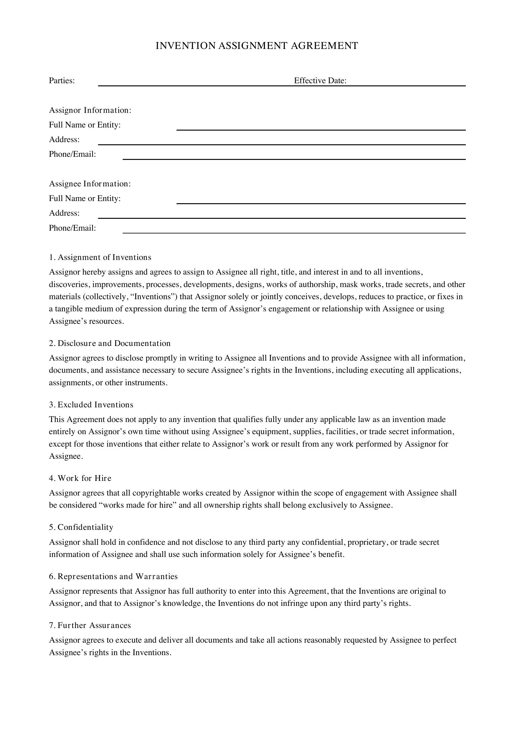 Invention Assignment Agreement Template - US
