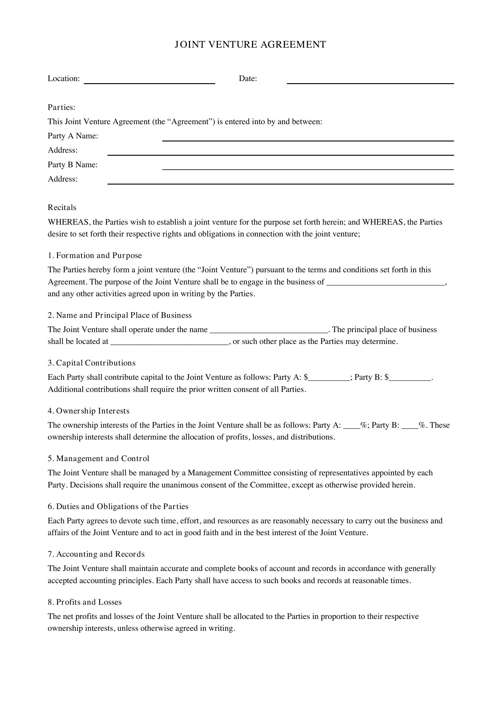 Joint Venture Agreement Template - US