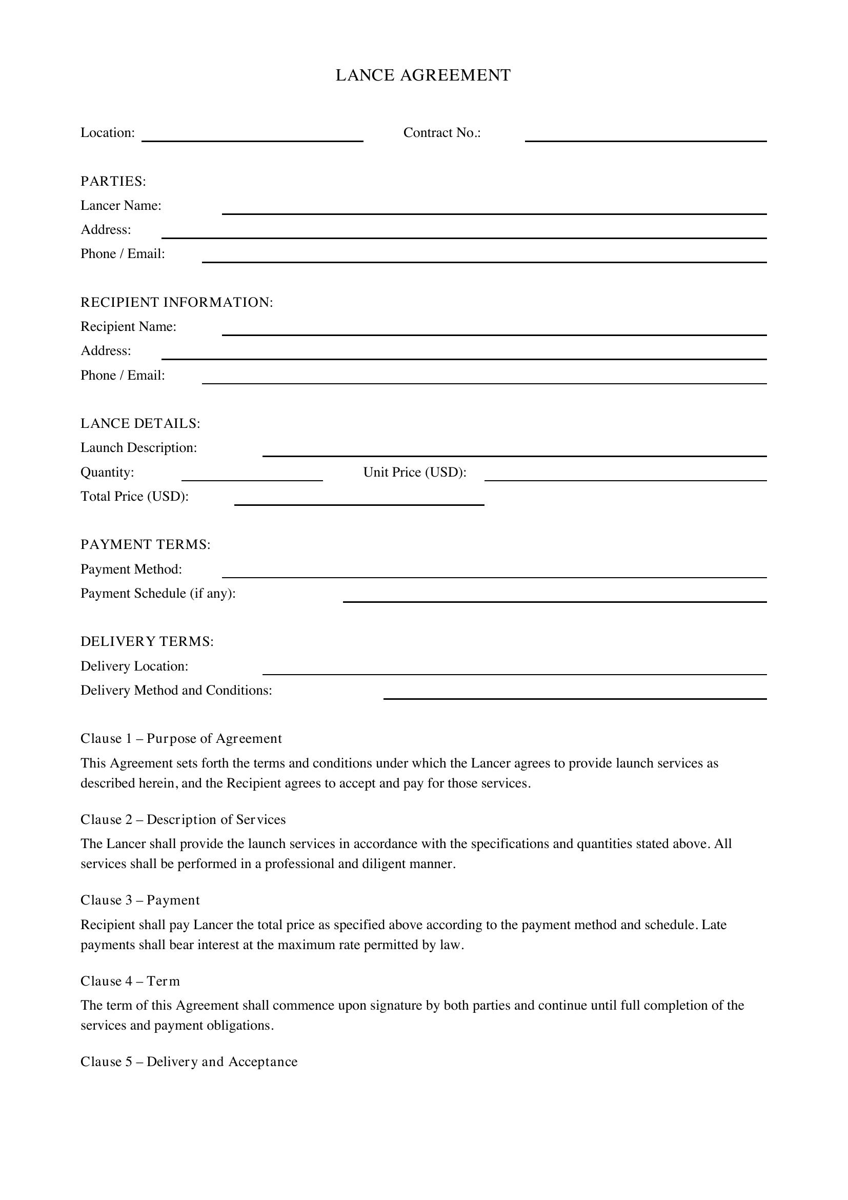 Lance Agreement Template - US