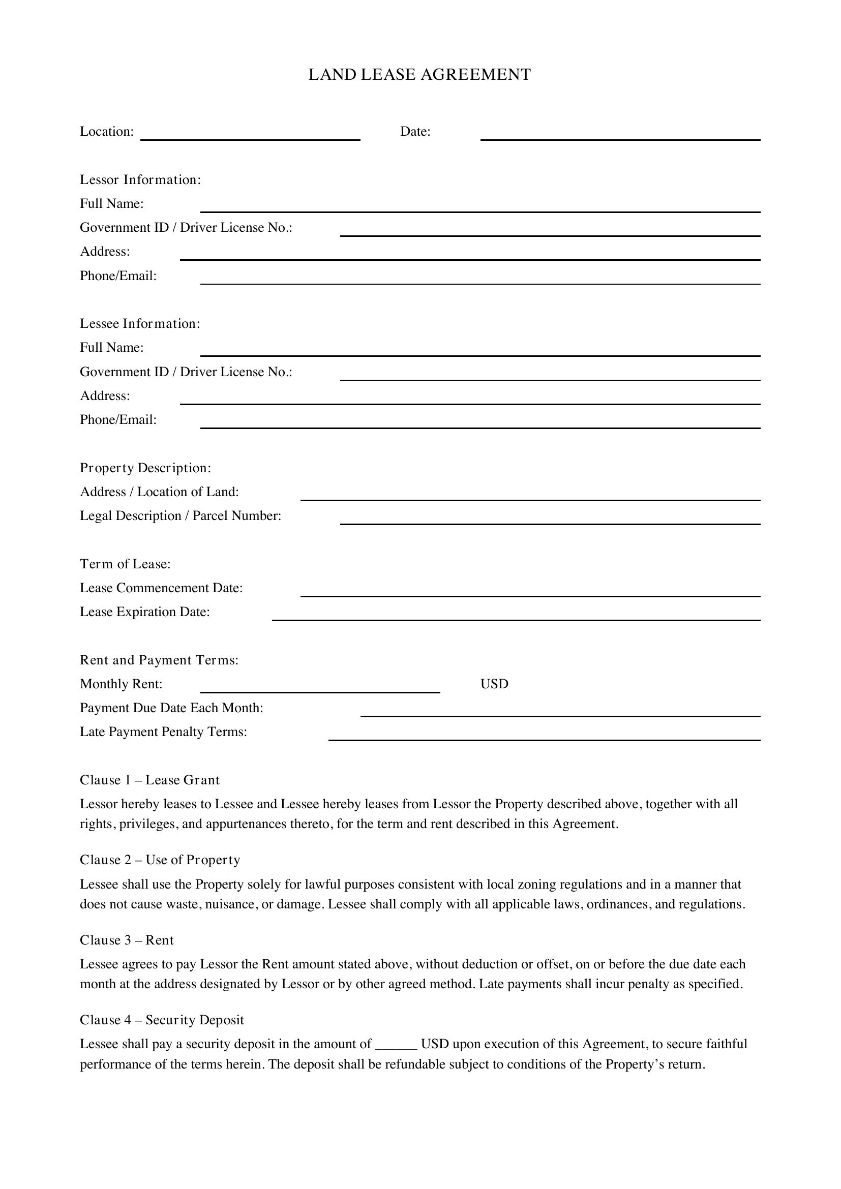 Land Lease Agreement Template - US