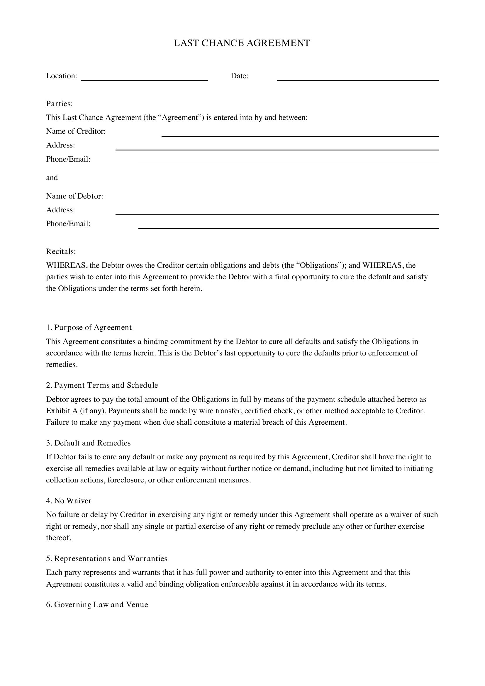 Last Chance Agreement Template - US