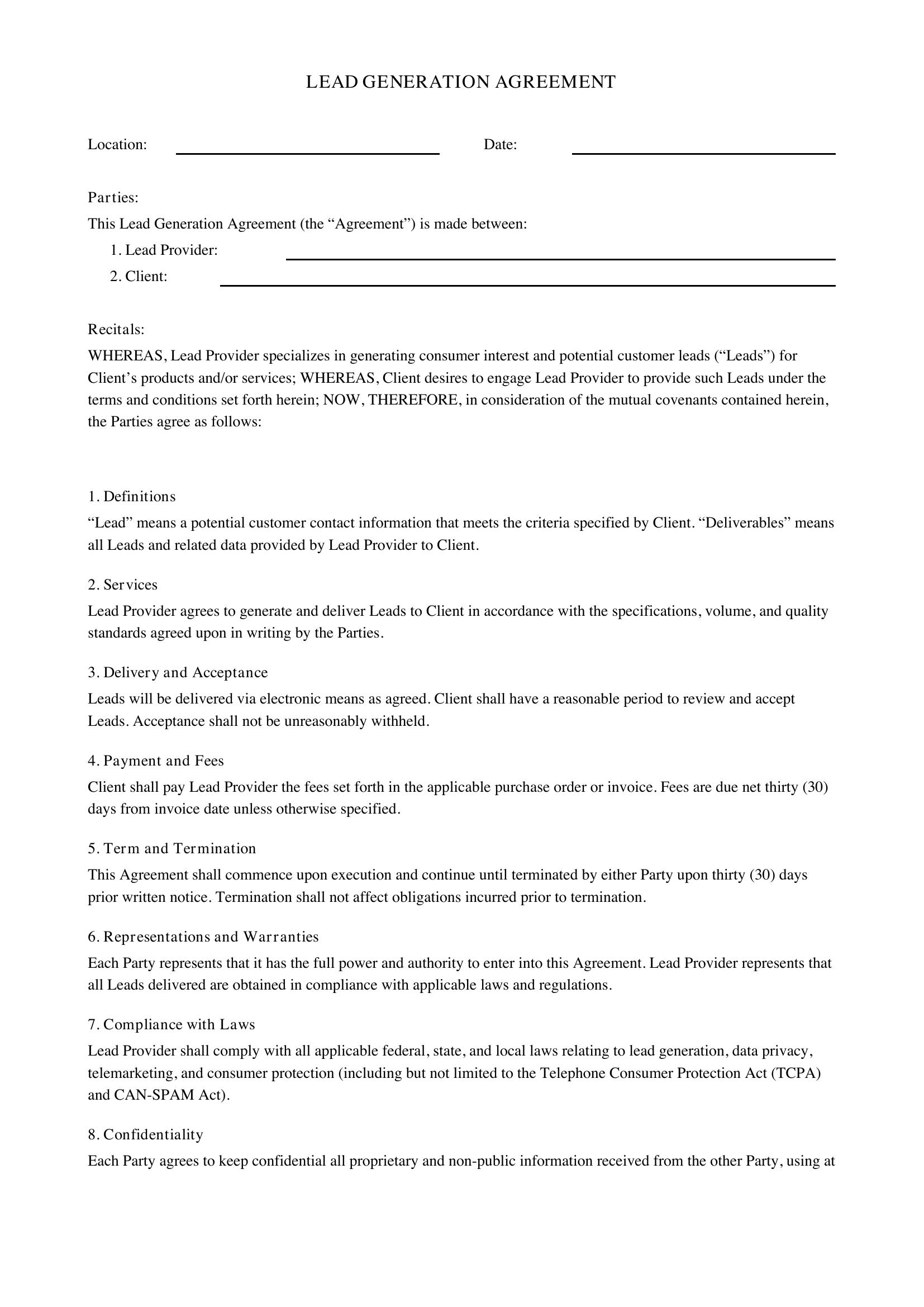Lead Generation Agreement Template - US