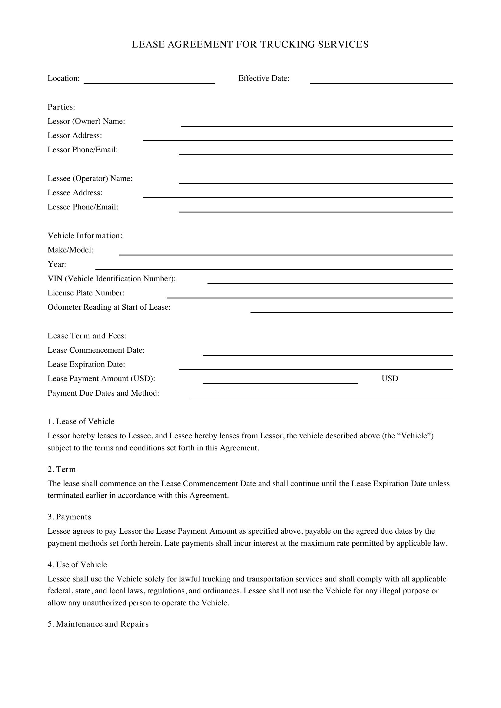 Lease Agreement For Trucking Template - US