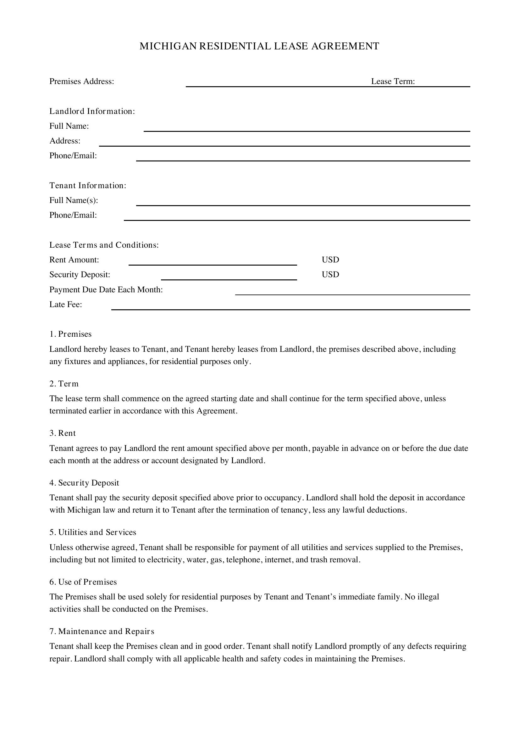 Lease Agreement Michigan Template - US