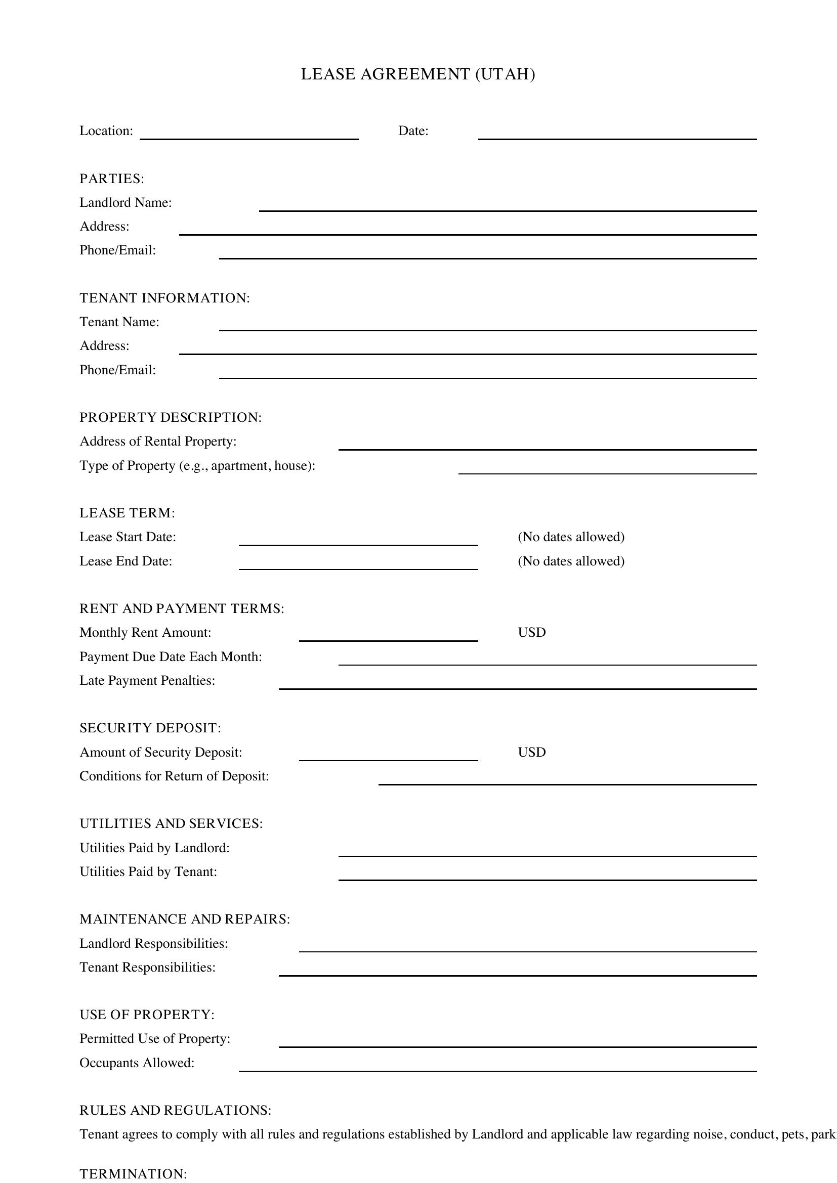 Lease Agreement Utah Template - US