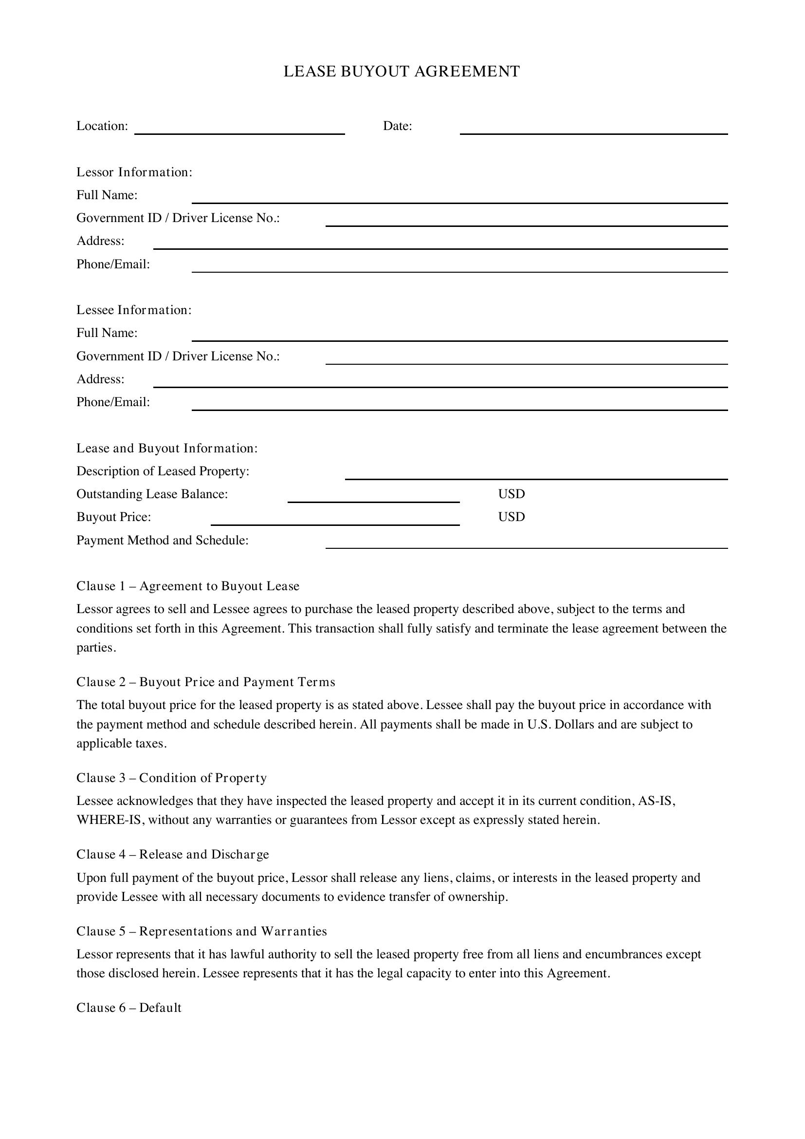Lease Buyout Agreement Template - US