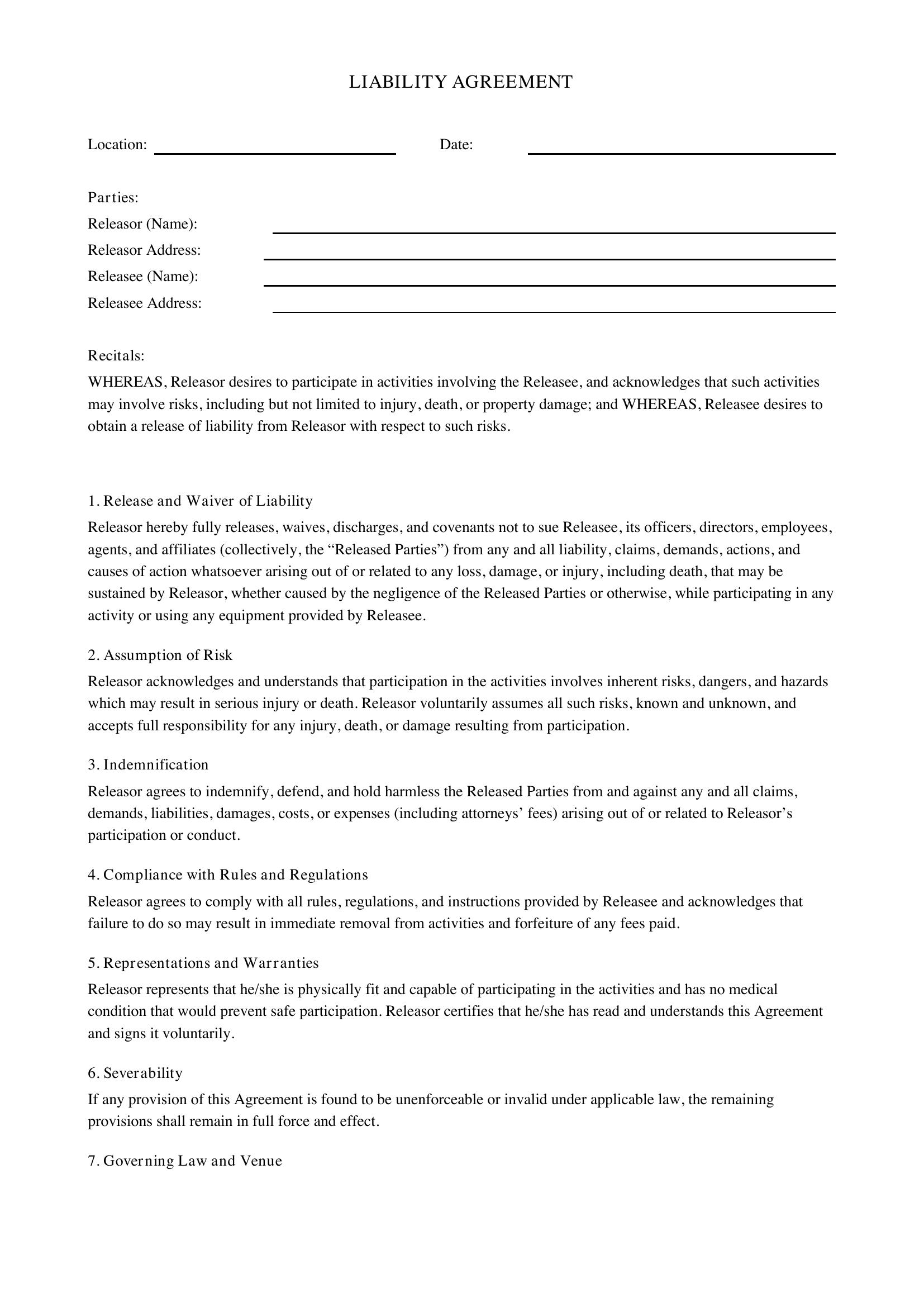 Liability Agreement Template - US