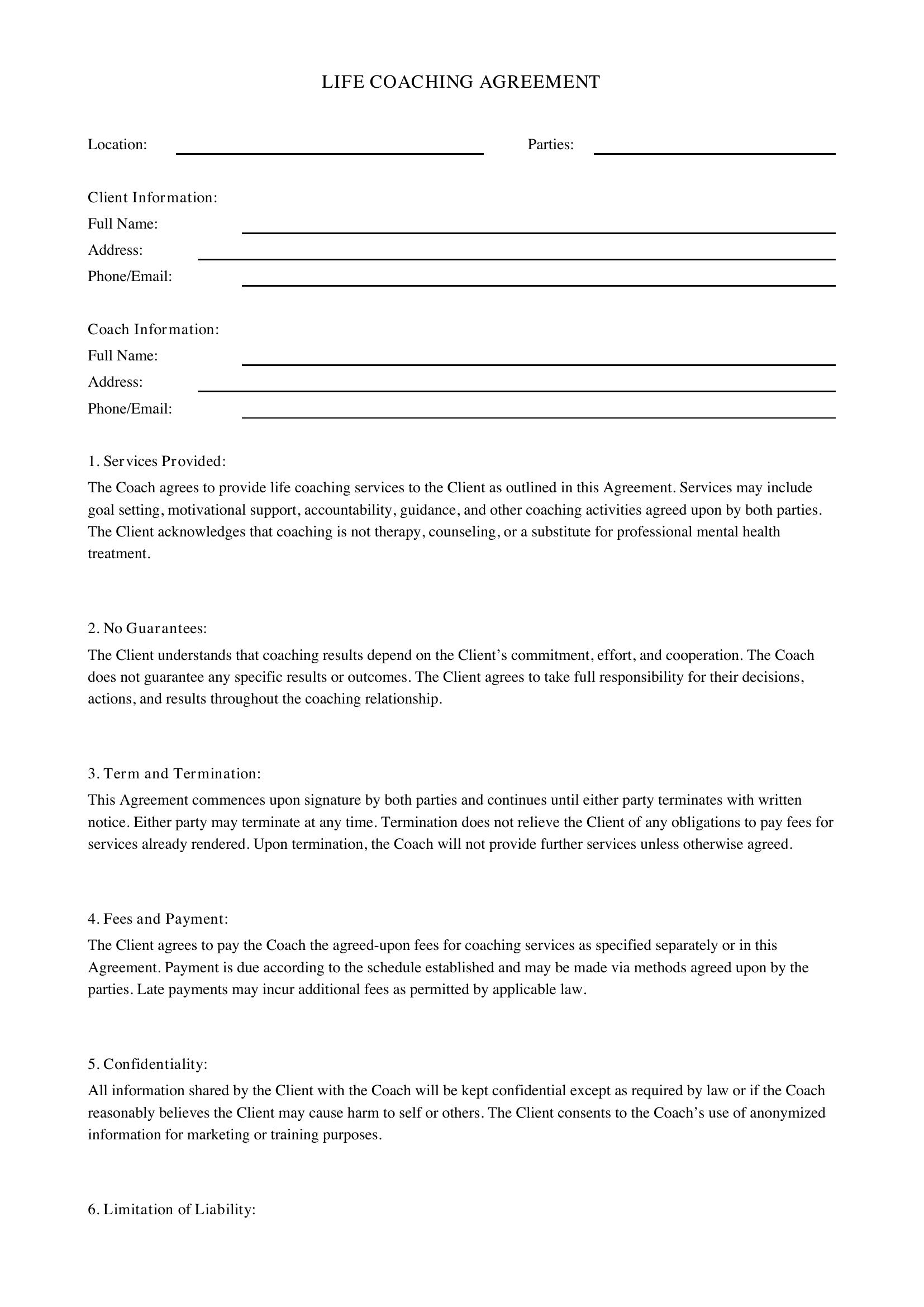 Life Coaching Agreement Template - US
