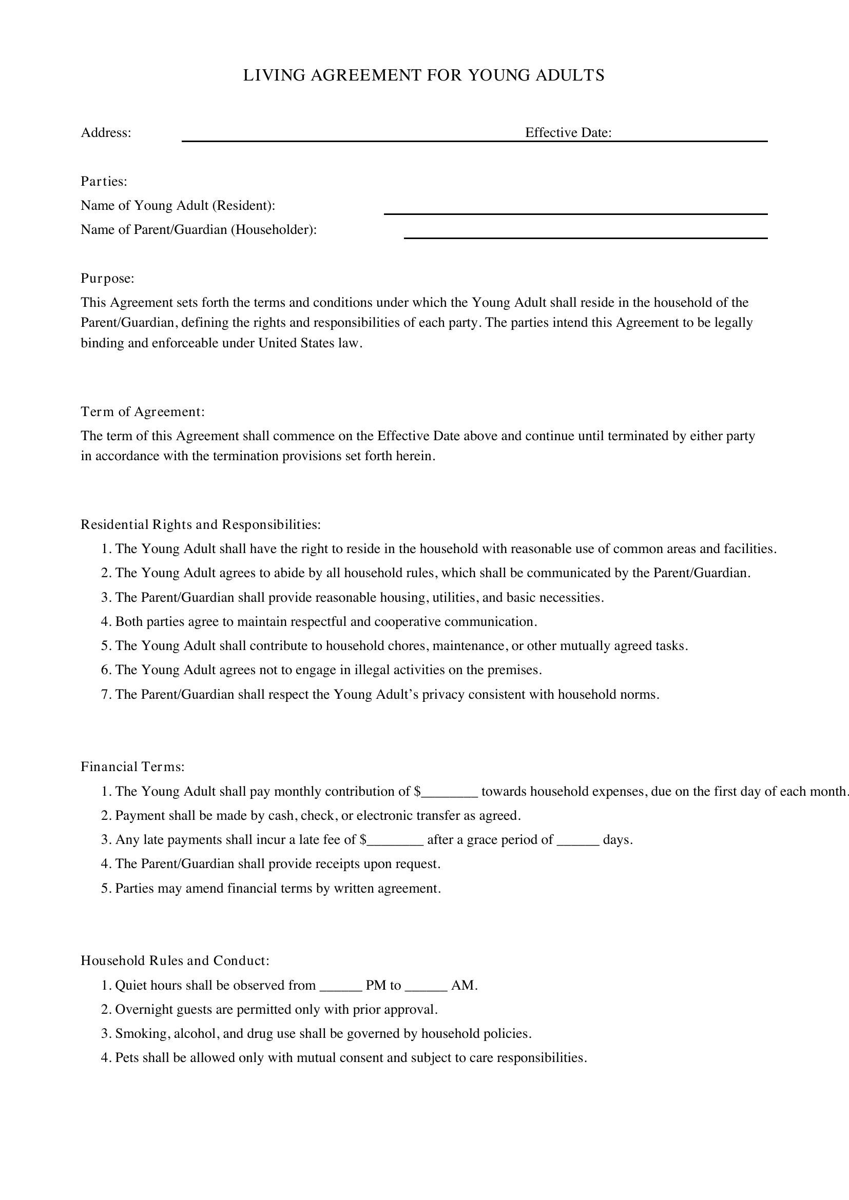 Living Agreement For Young Adults Template - US