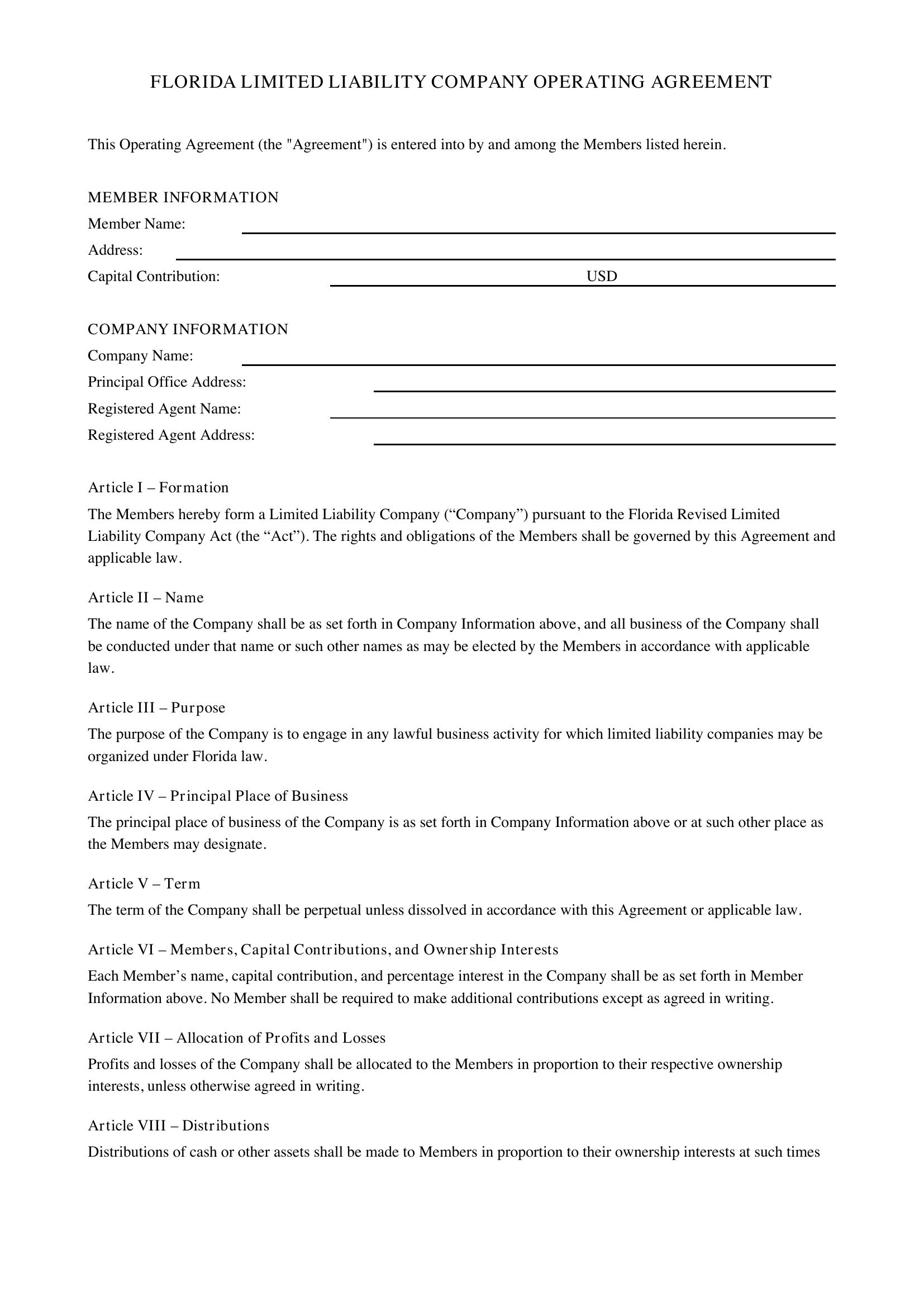 Llc Operating Agreement Florida Template - US
