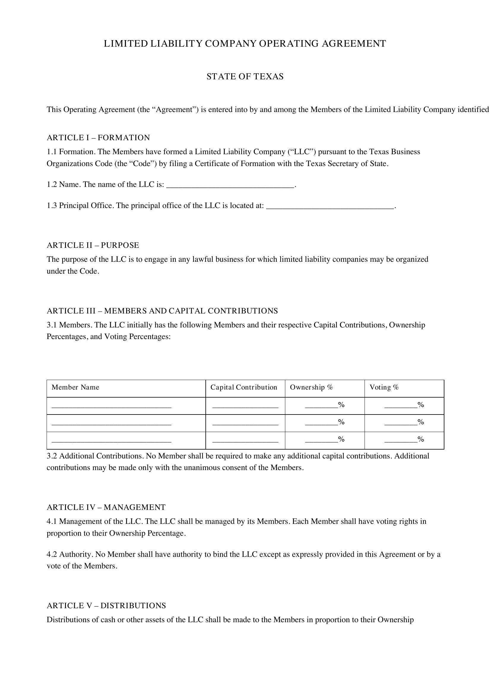 Llc Operating Agreement Texas Template - US