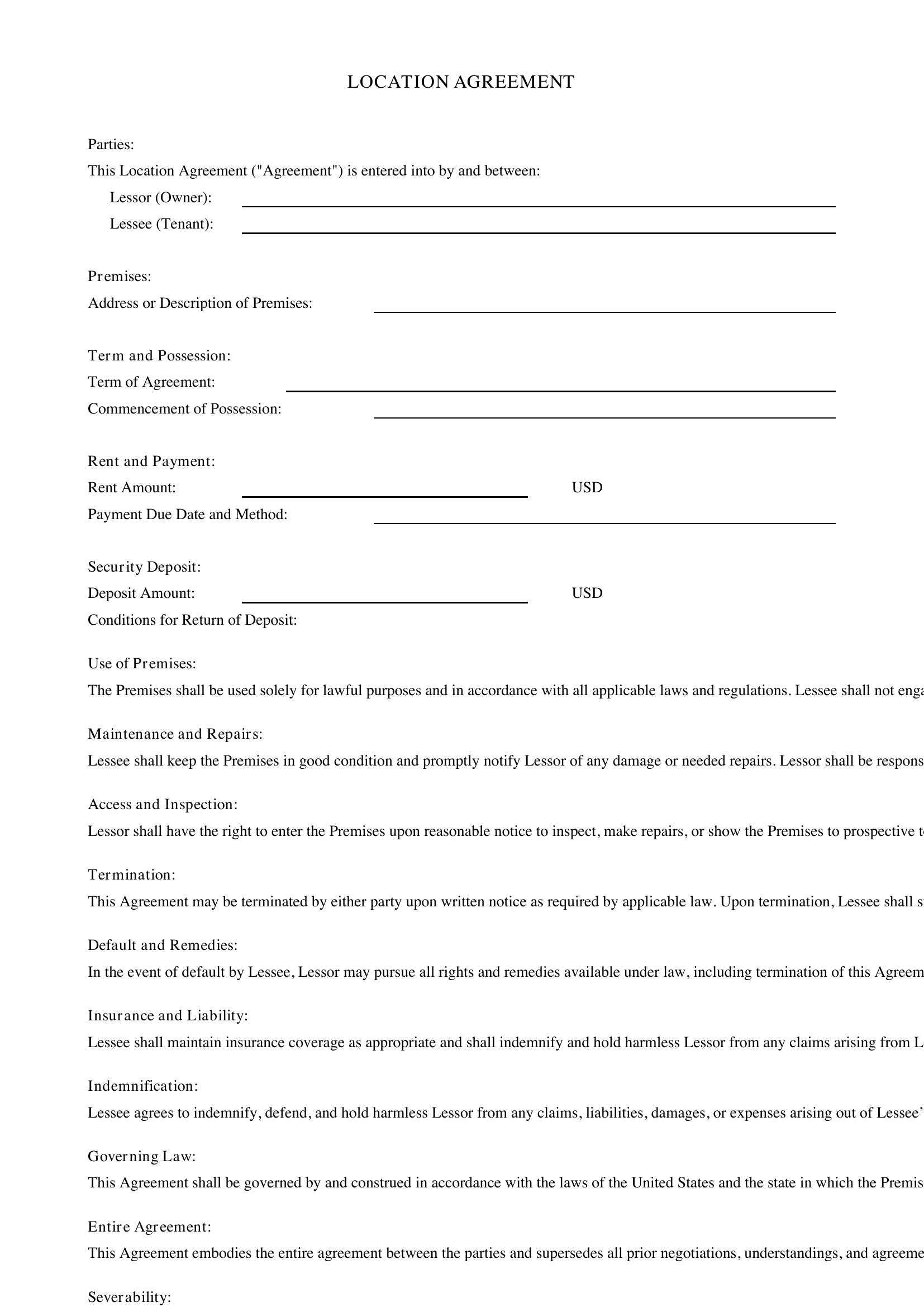 Location Agreement Template - US