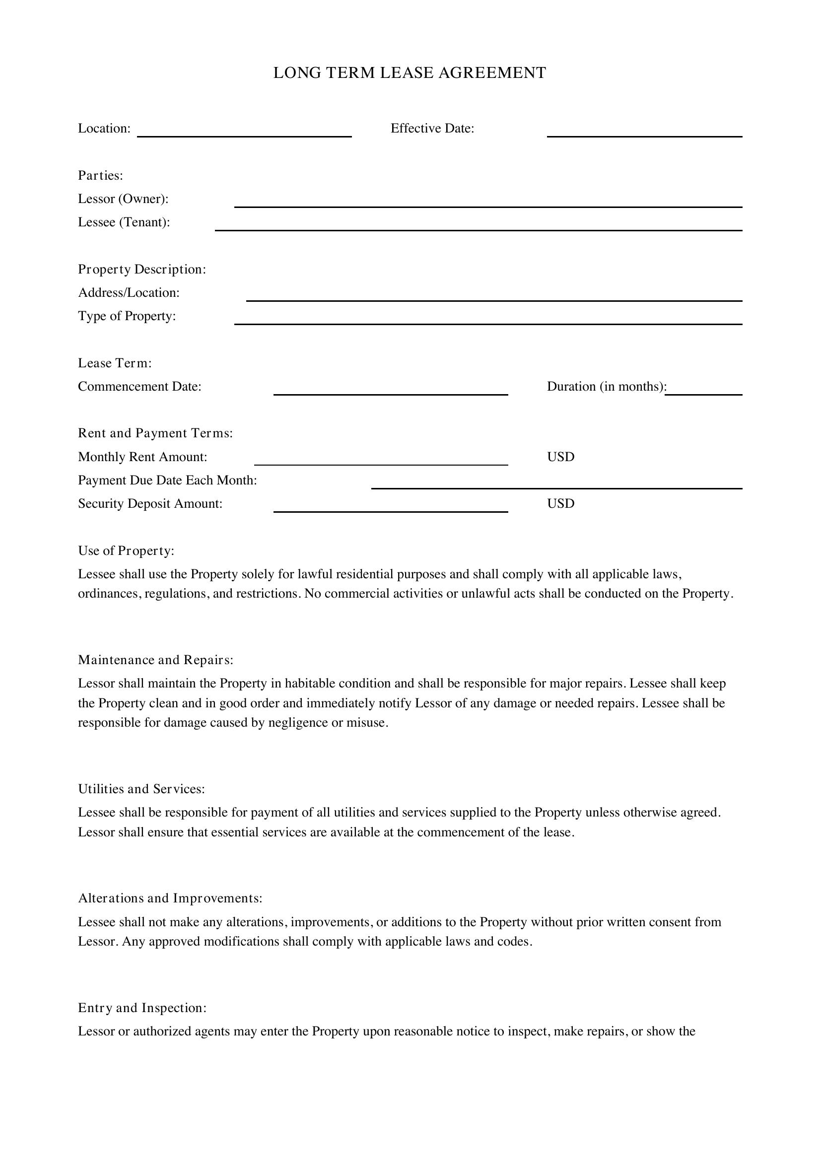 Long Term Lease Agreement Template - US
