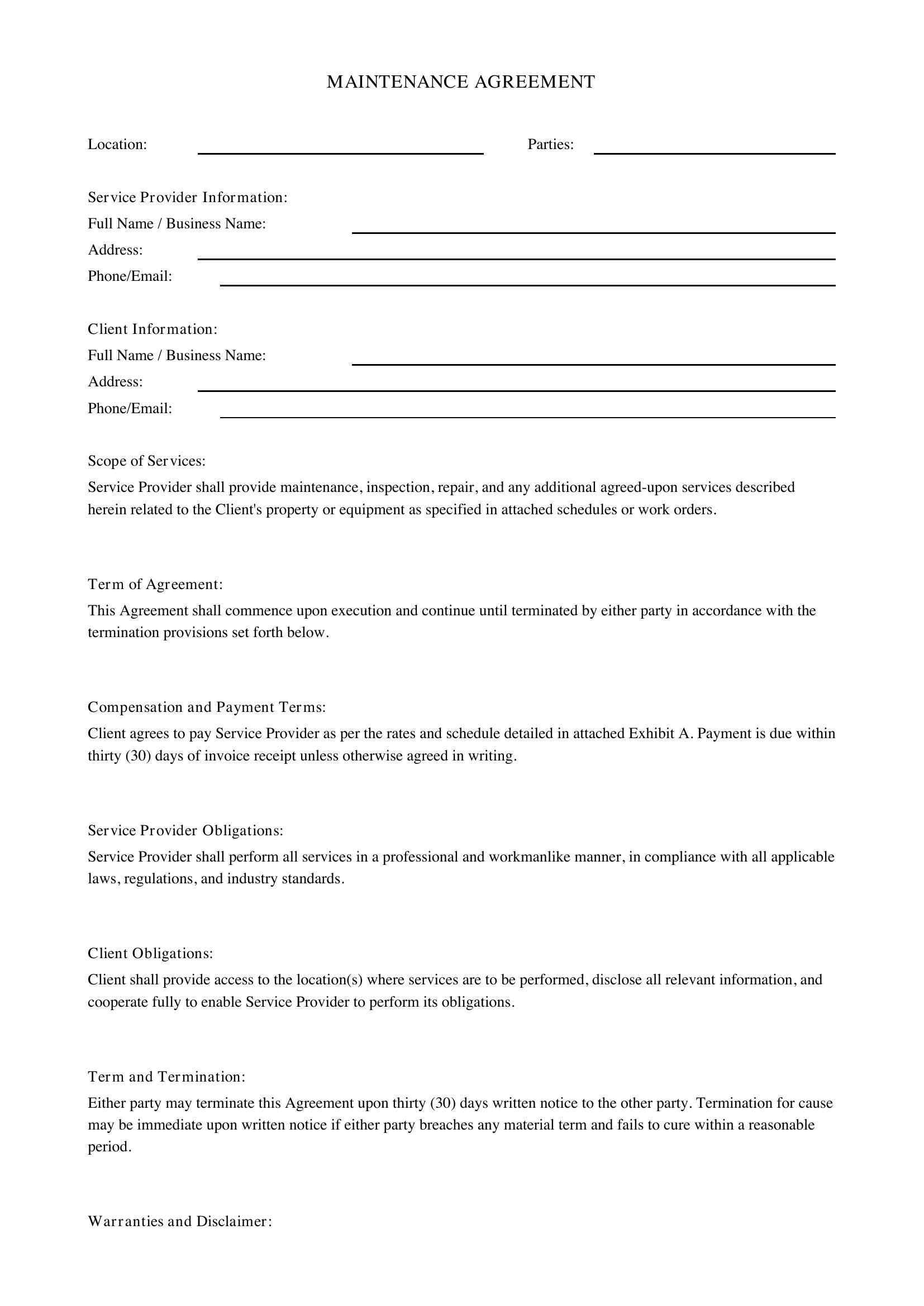 Maintenance Agreement Template - US