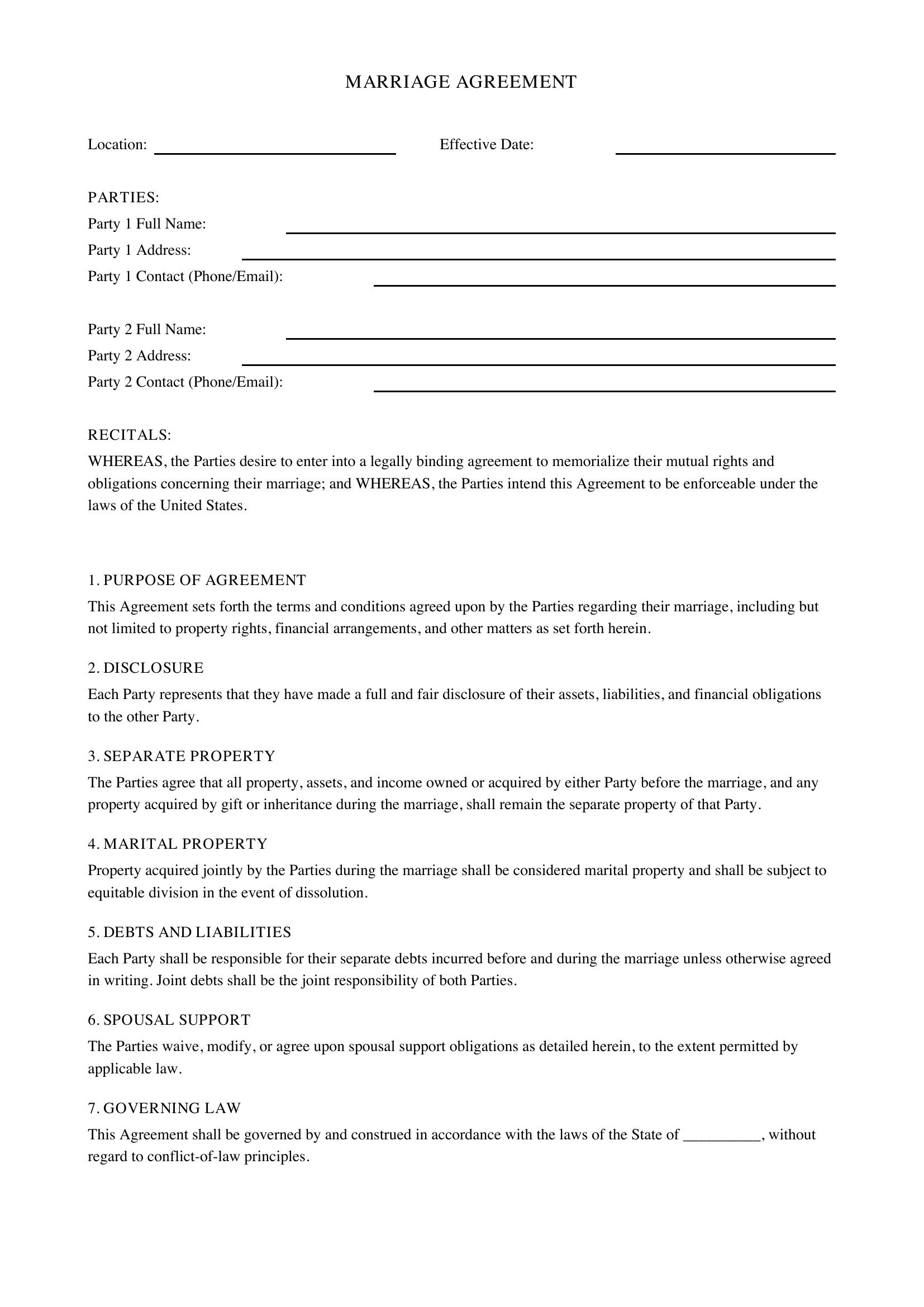 Marriage Agreement Template - US