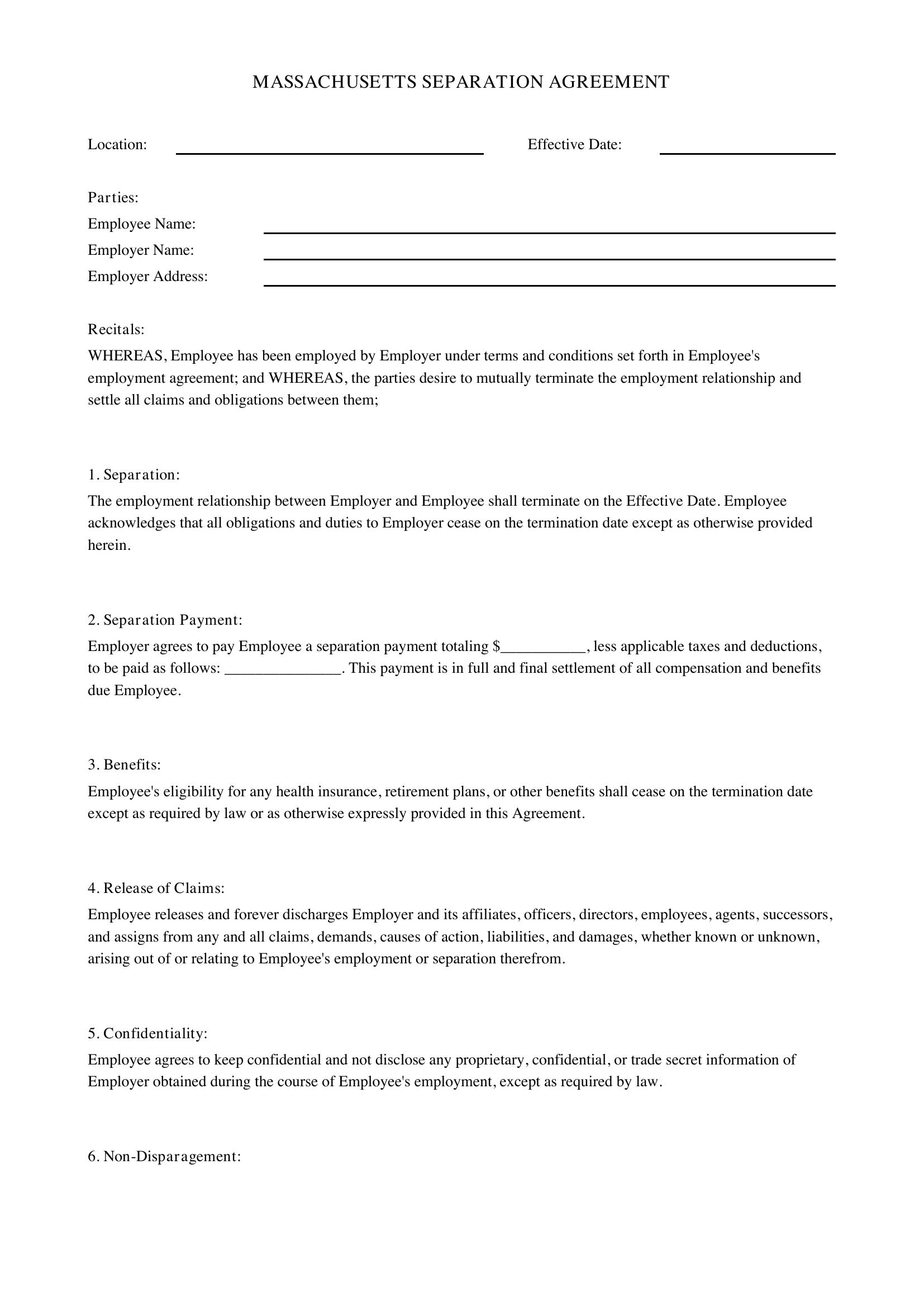 Massachusetts Separation Agreement Template - US