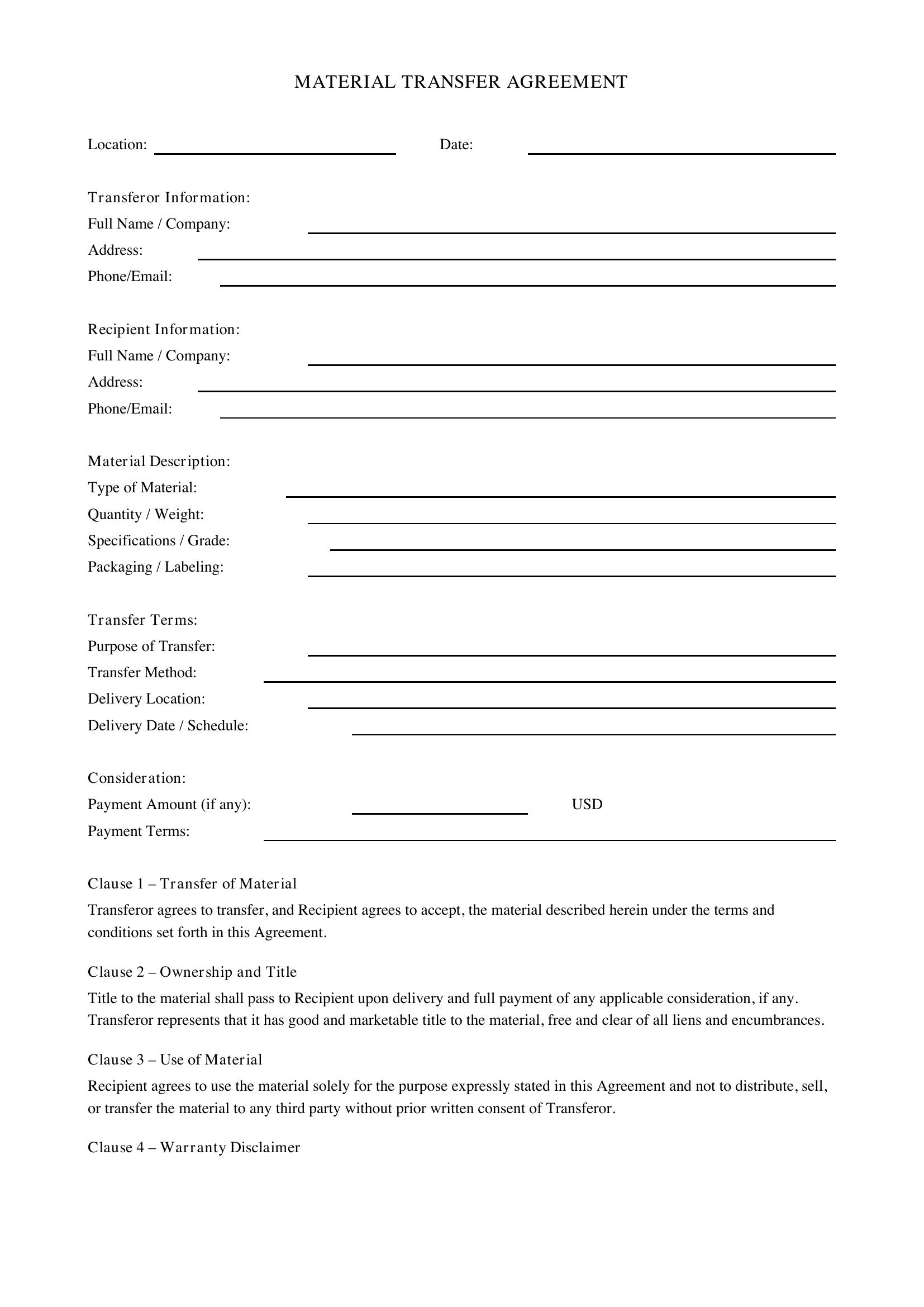 Material Transfer Agreement Template - US