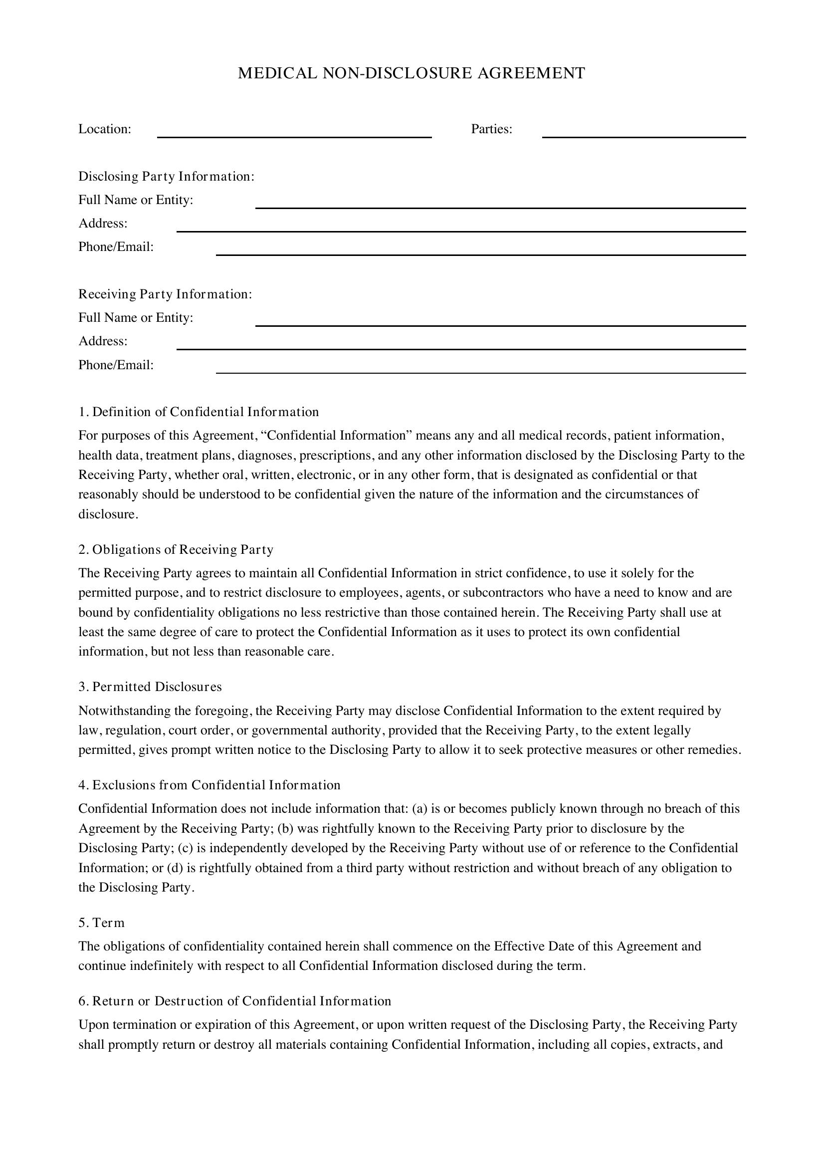Medical Non Disclosure Agreement Template - US