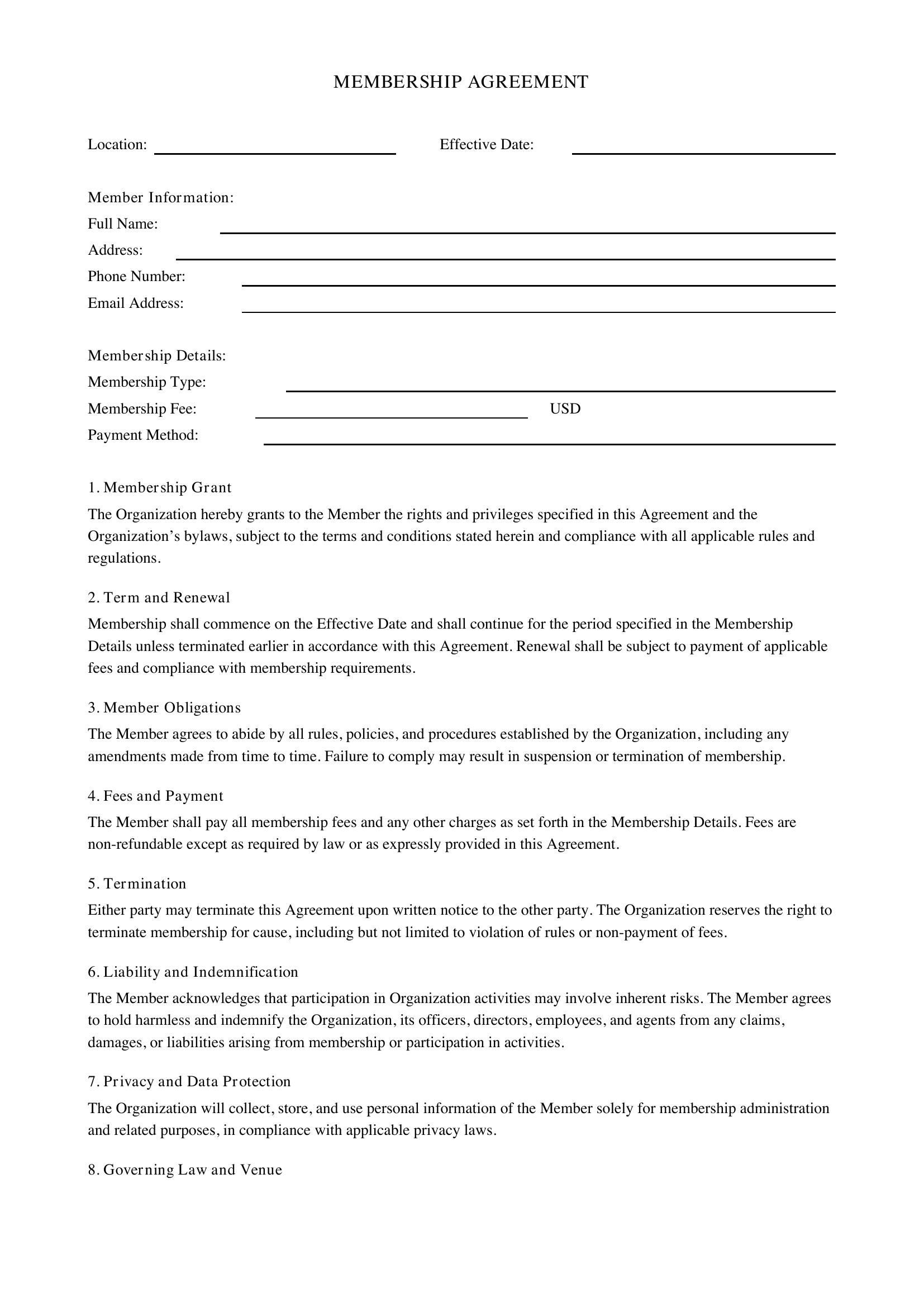 Membership Agreement Template - US