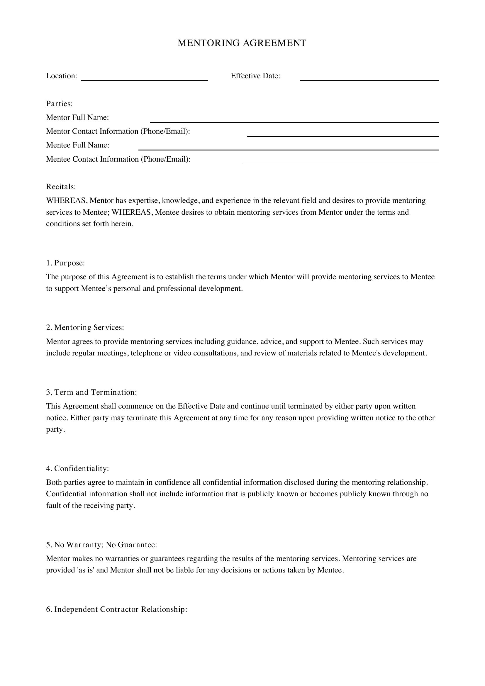 Mentoring Agreement Template - US