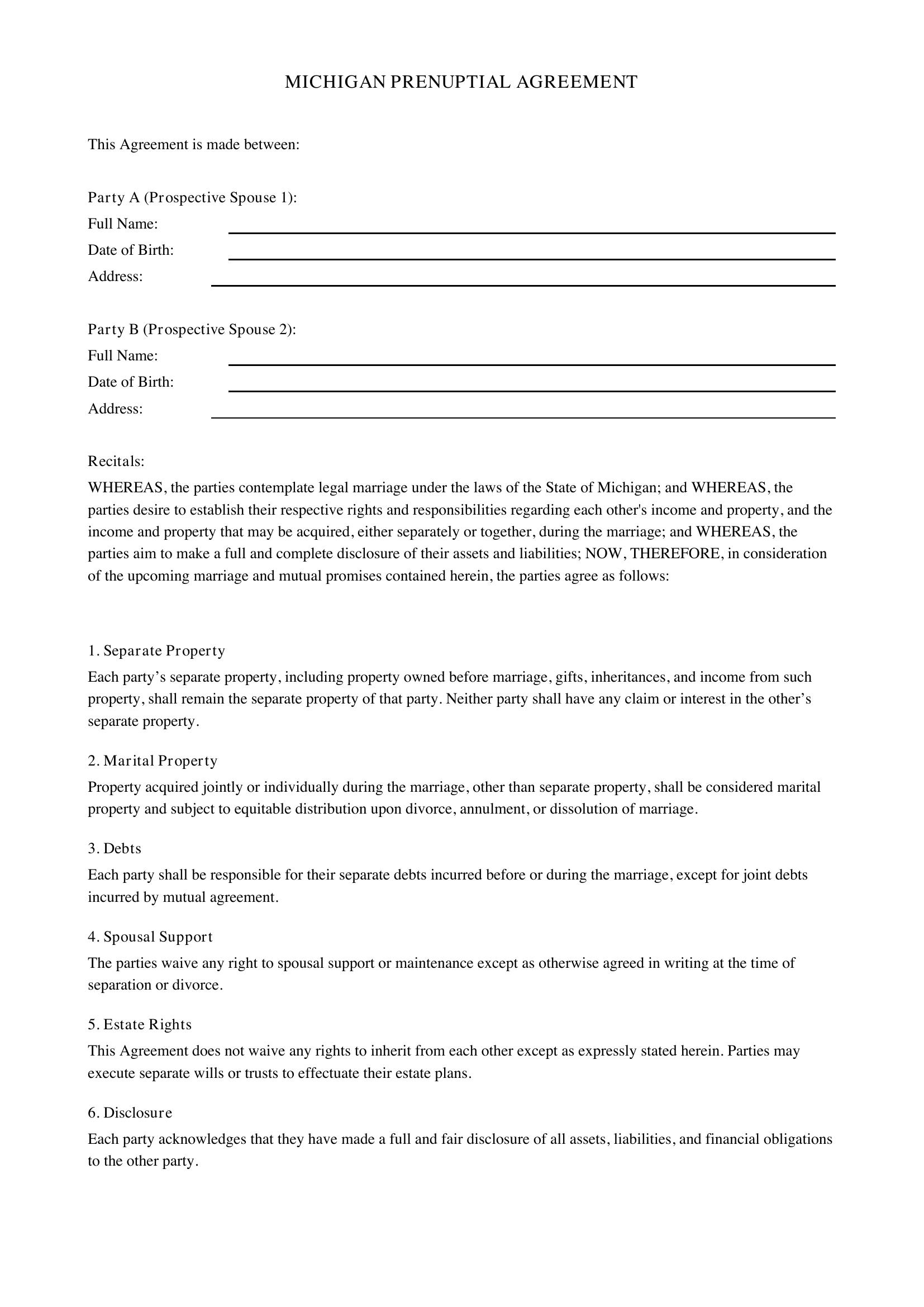 Michigan Prenuptial Agreement Template - US